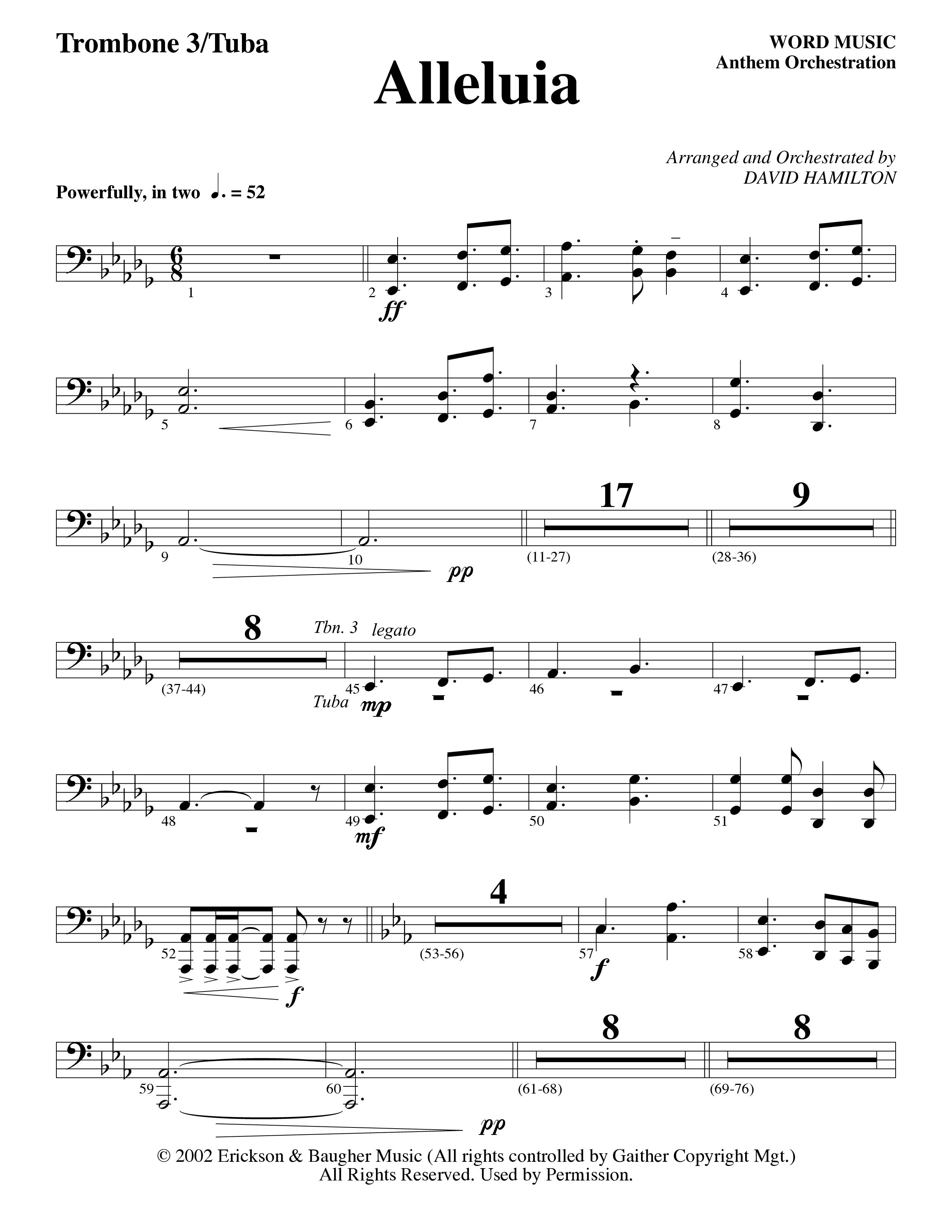 Alleluia (Choral Anthem SATB) Trombone 3/Tuba (Word Music Choral / Arr. David Hamilton)