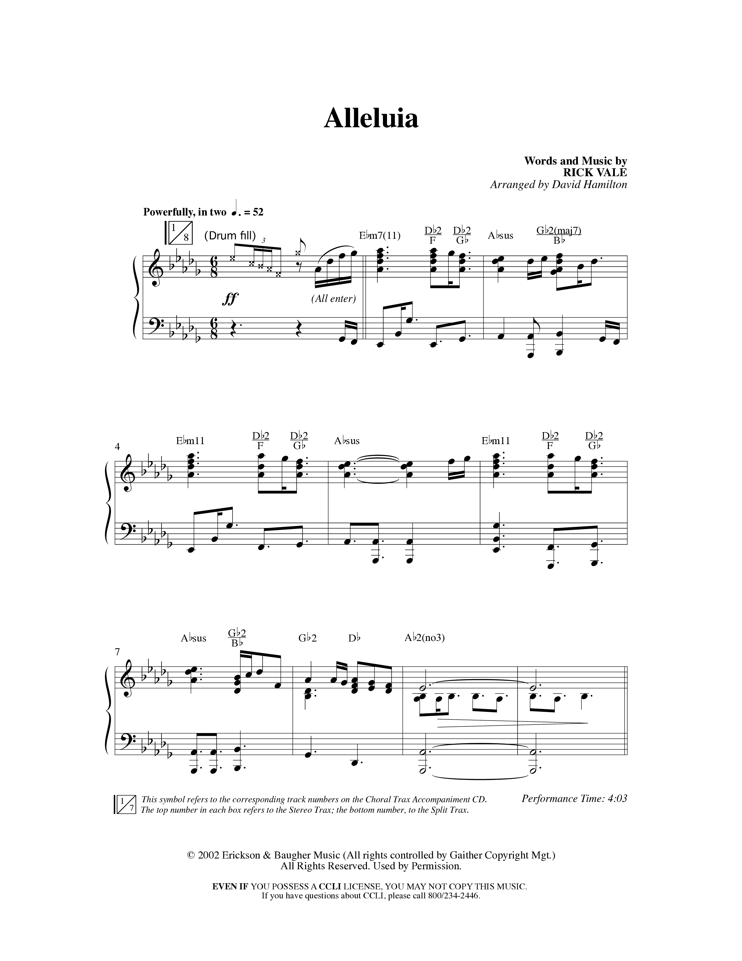 Alleluia (Choral Anthem SATB) Anthem (SATB/Piano) (Word Music Choral / Arr. David Hamilton)
