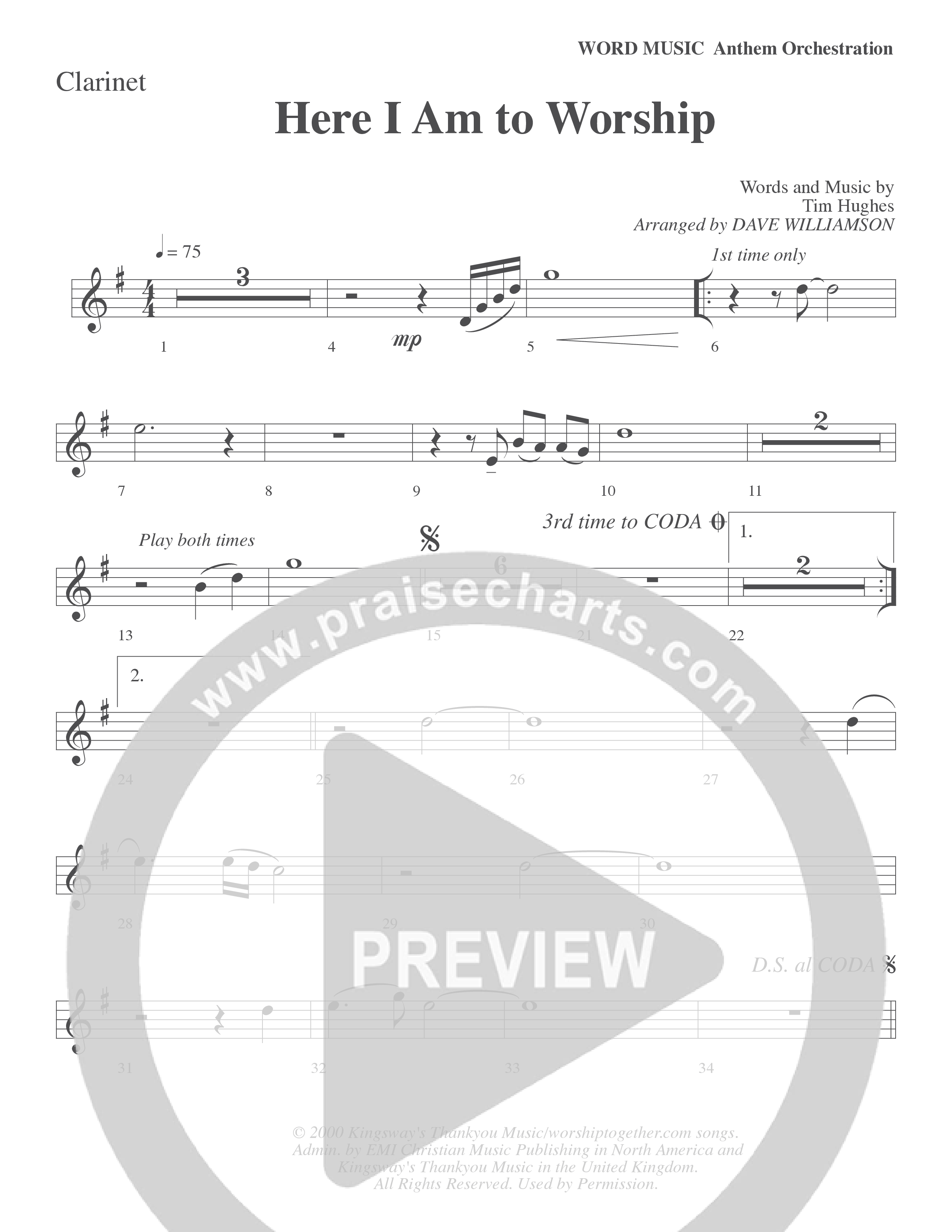 Here I Am To Worship (Choral Anthem SATB) Clarinet (Word Music Choral / Arr. Dave Williamson)