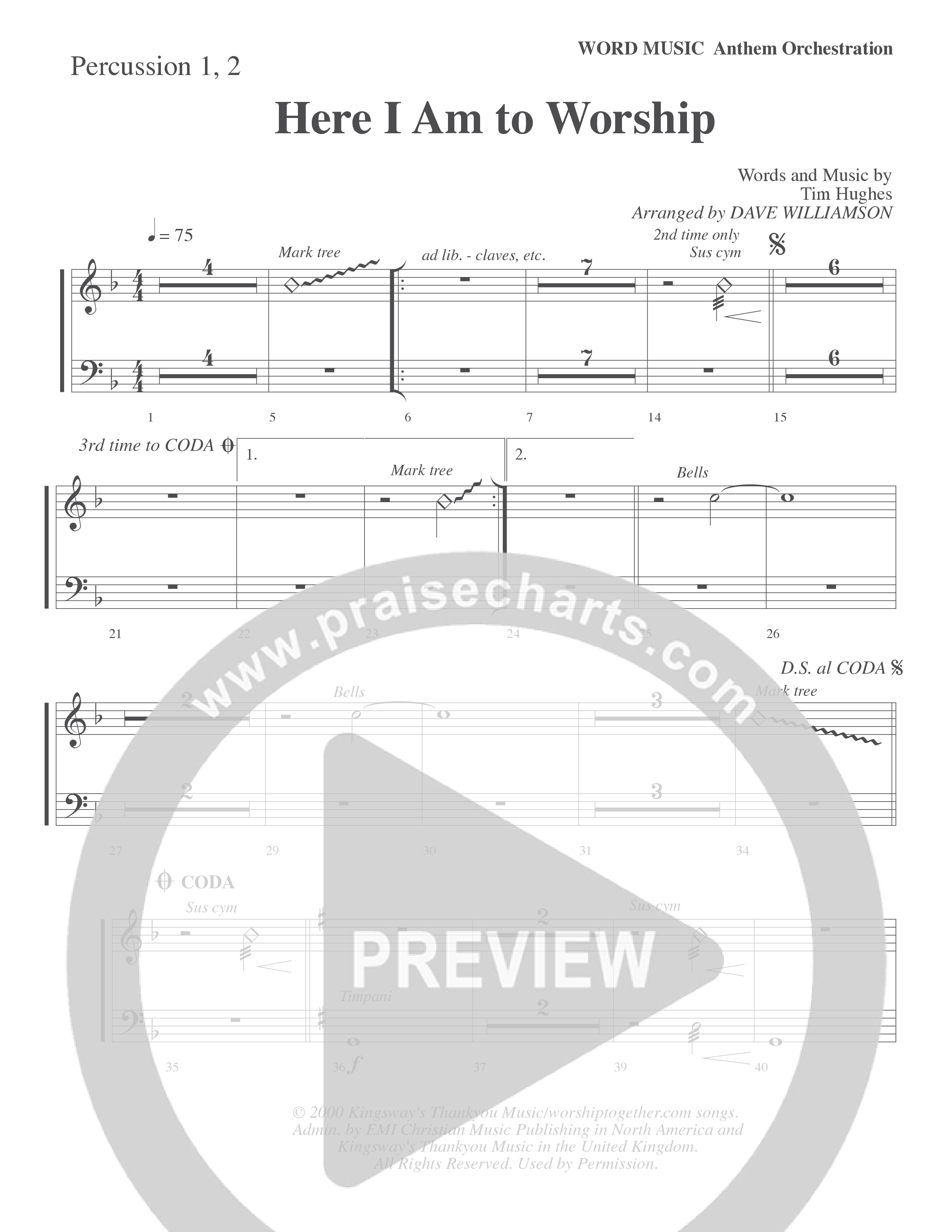 Here I Am To Worship (Choral Anthem SATB) Percussion 1/2 (Word Music Choral / Arr. Dave Williamson)