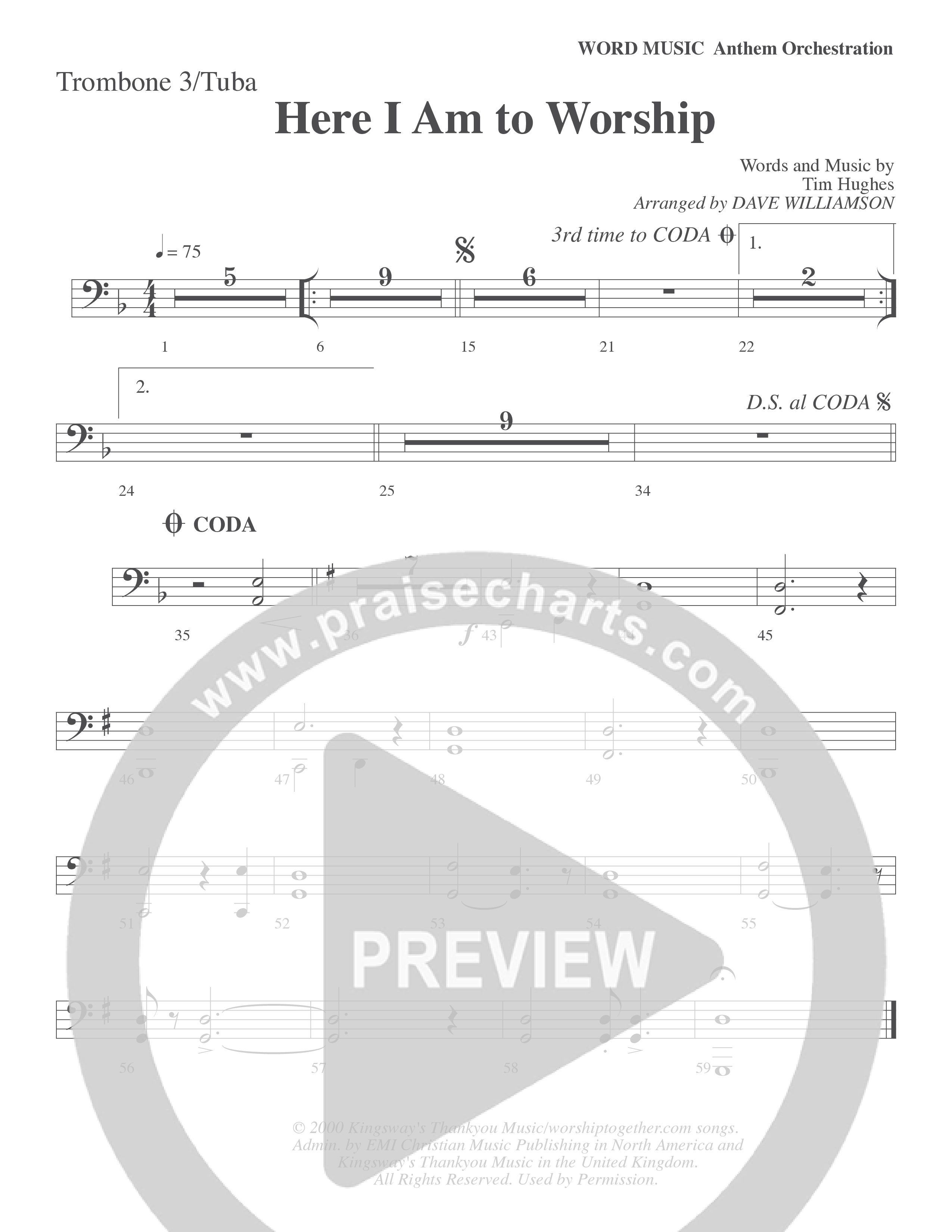 Here I Am To Worship (Choral Anthem SATB) Trombone 3/Tuba (Word Music Choral / Arr. Dave Williamson)