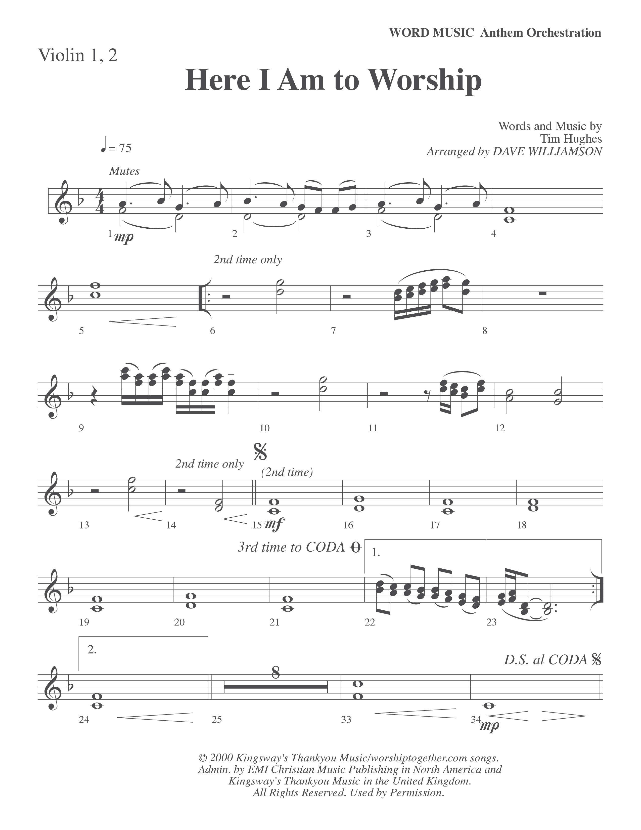 Here I Am To Worship (Choral Anthem SATB) Violin 1/2 (Word Music Choral / Arr. Dave Williamson)