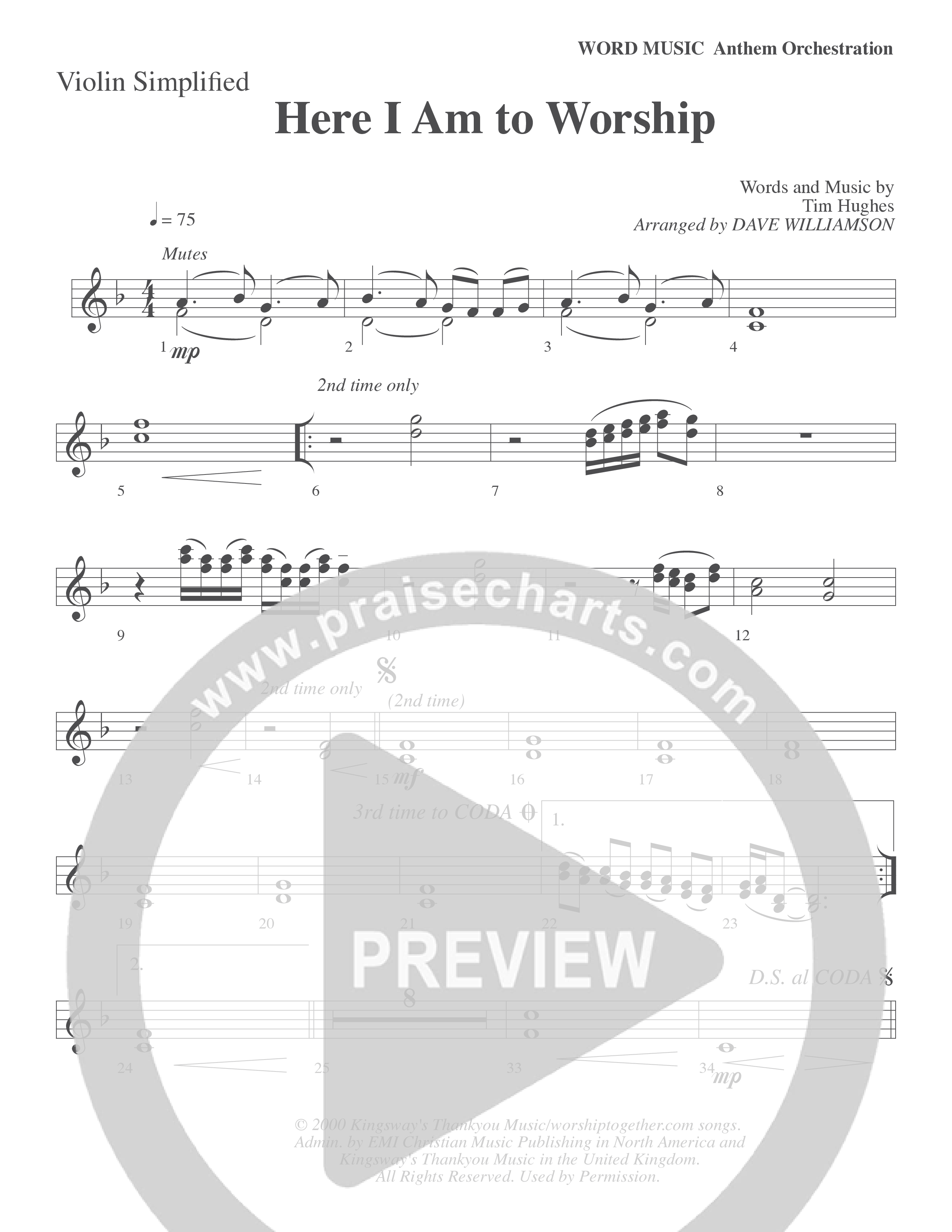 Here I Am To Worship (Choral Anthem SATB) Violin 1/2 (Word Music Choral / Arr. Dave Williamson)