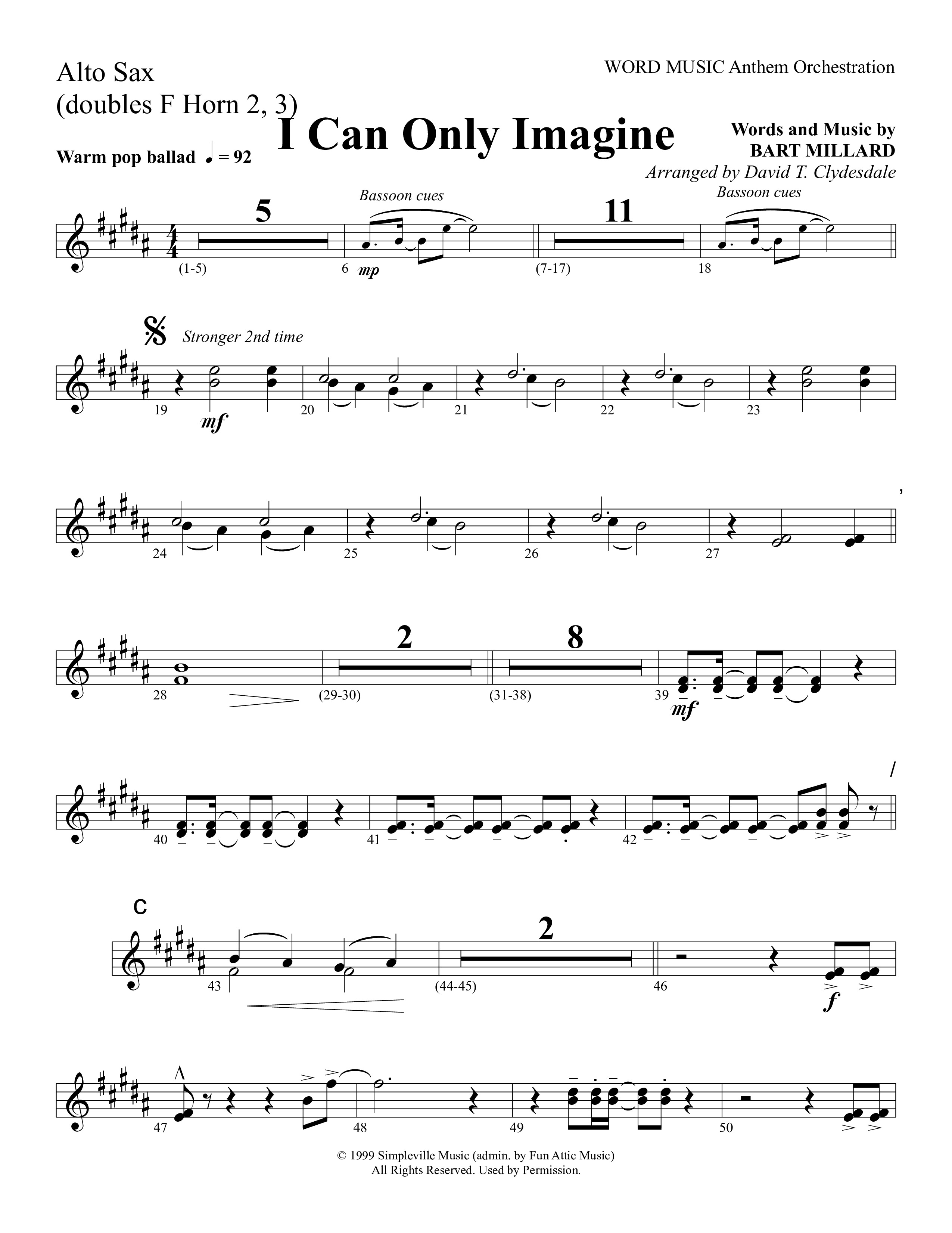 I Can Only Imagine (Choral Anthem SATB) Alto Sax (Word Music Choral / Arr. David Clydesdale)