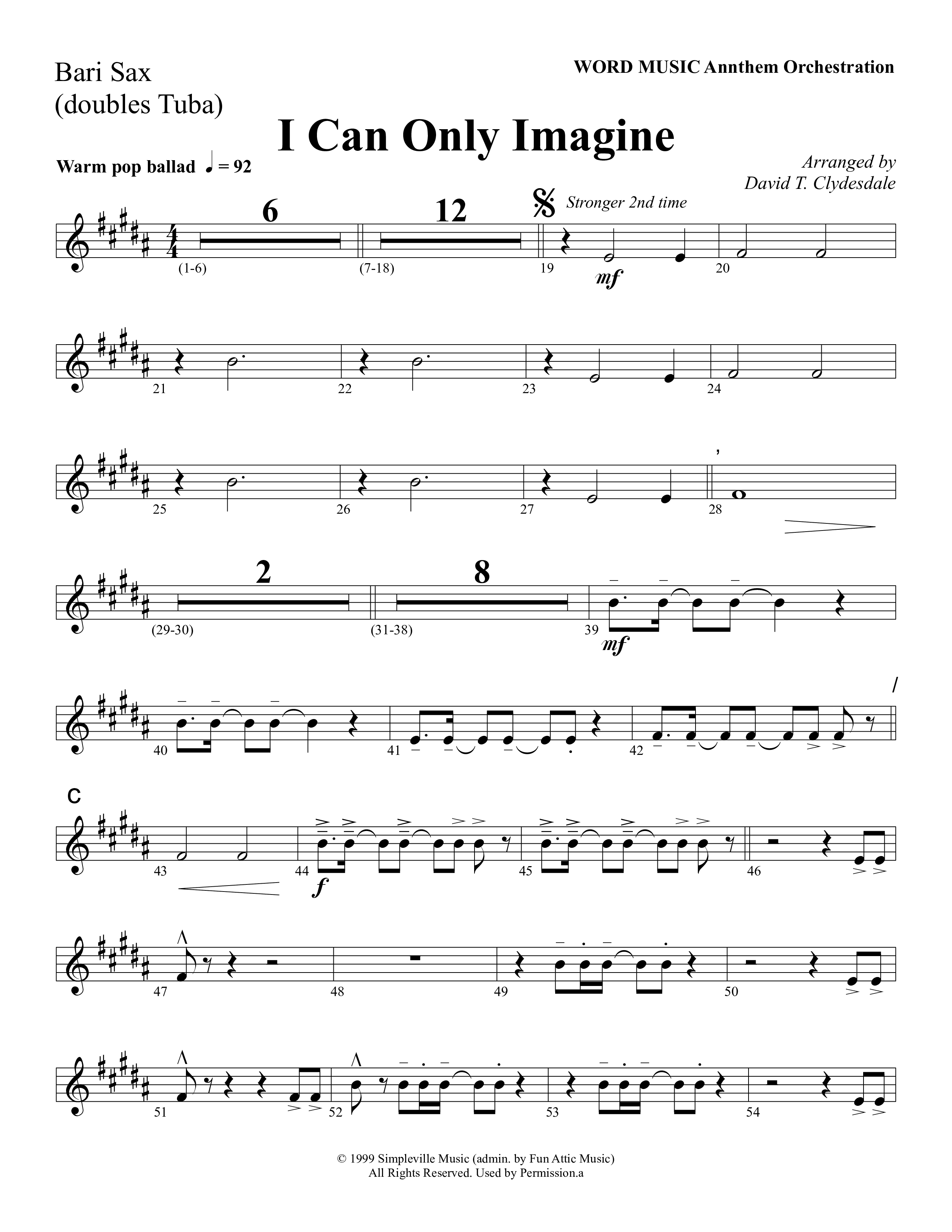 I Can Only Imagine (Choral Anthem SATB) Bari Sax (Word Music Choral / Arr. David Clydesdale)
