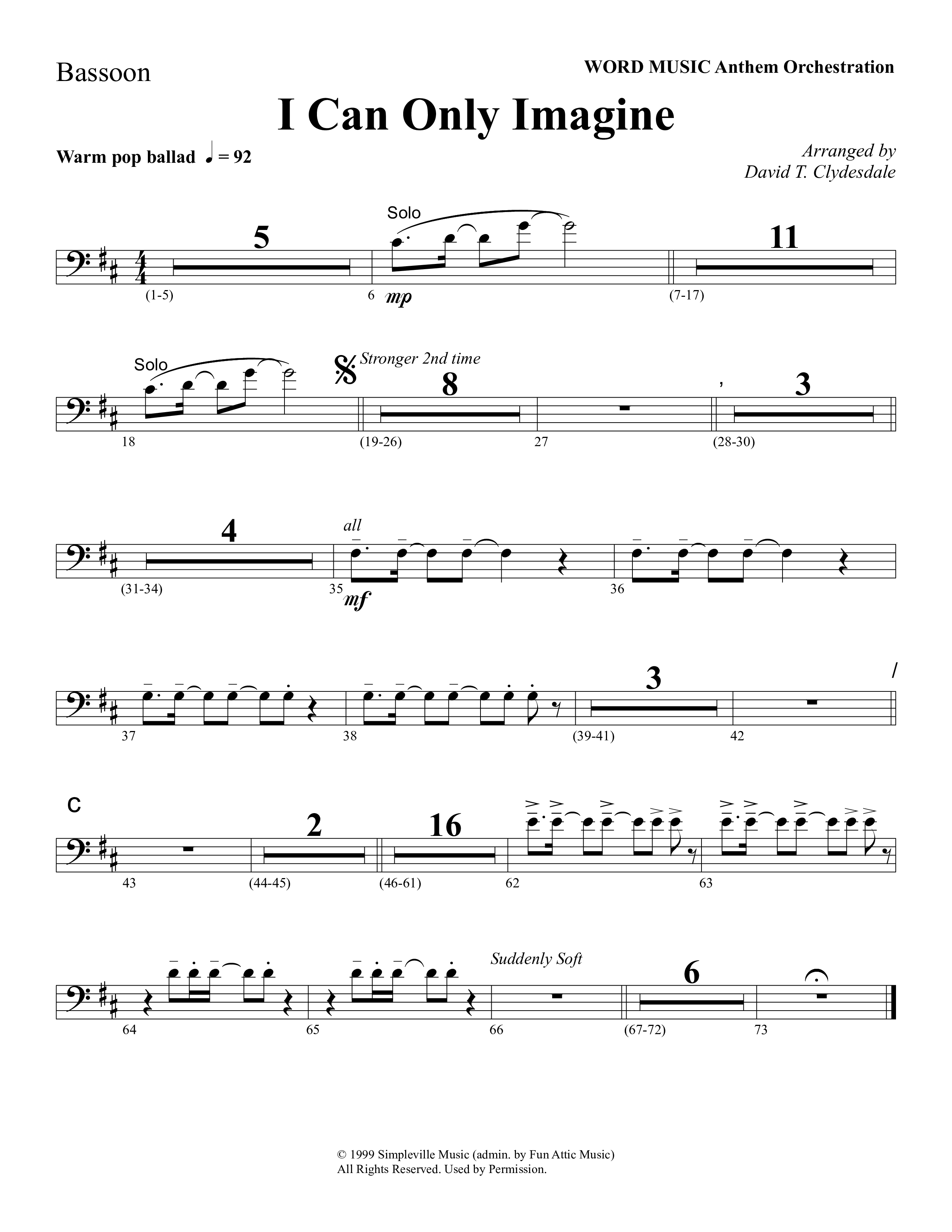 I Can Only Imagine (Choral Anthem SATB) Bassoon (Word Music Choral / Arr. David Clydesdale)