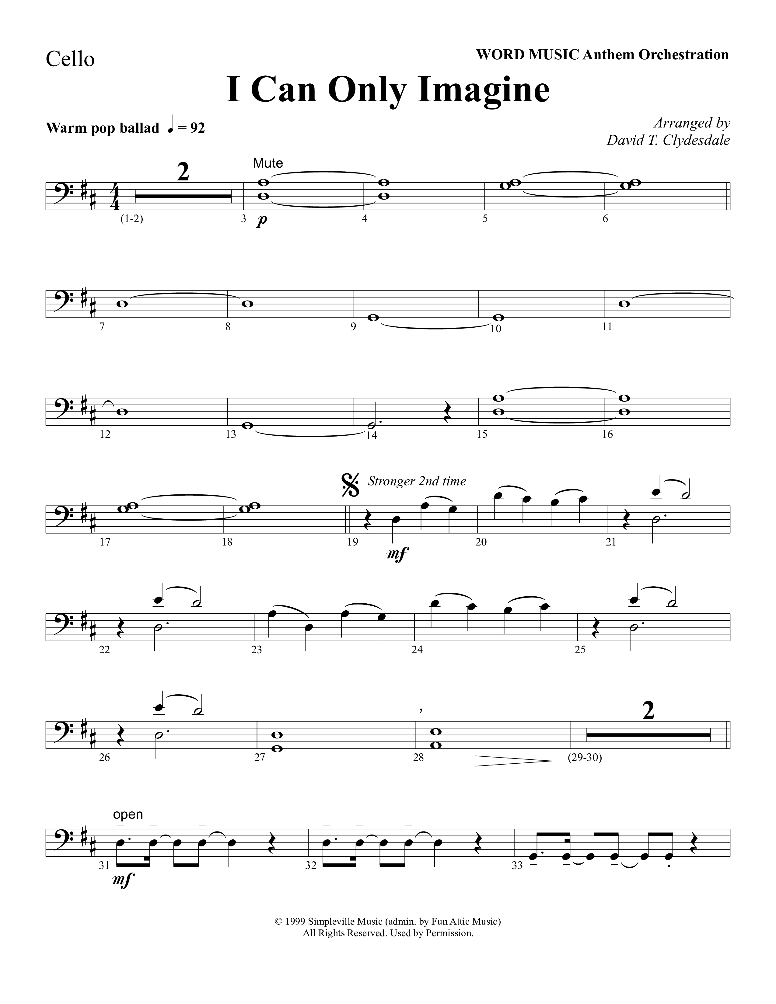 I Can Only Imagine (Choral Anthem SATB) Cello (Word Music Choral / Arr. David Clydesdale)