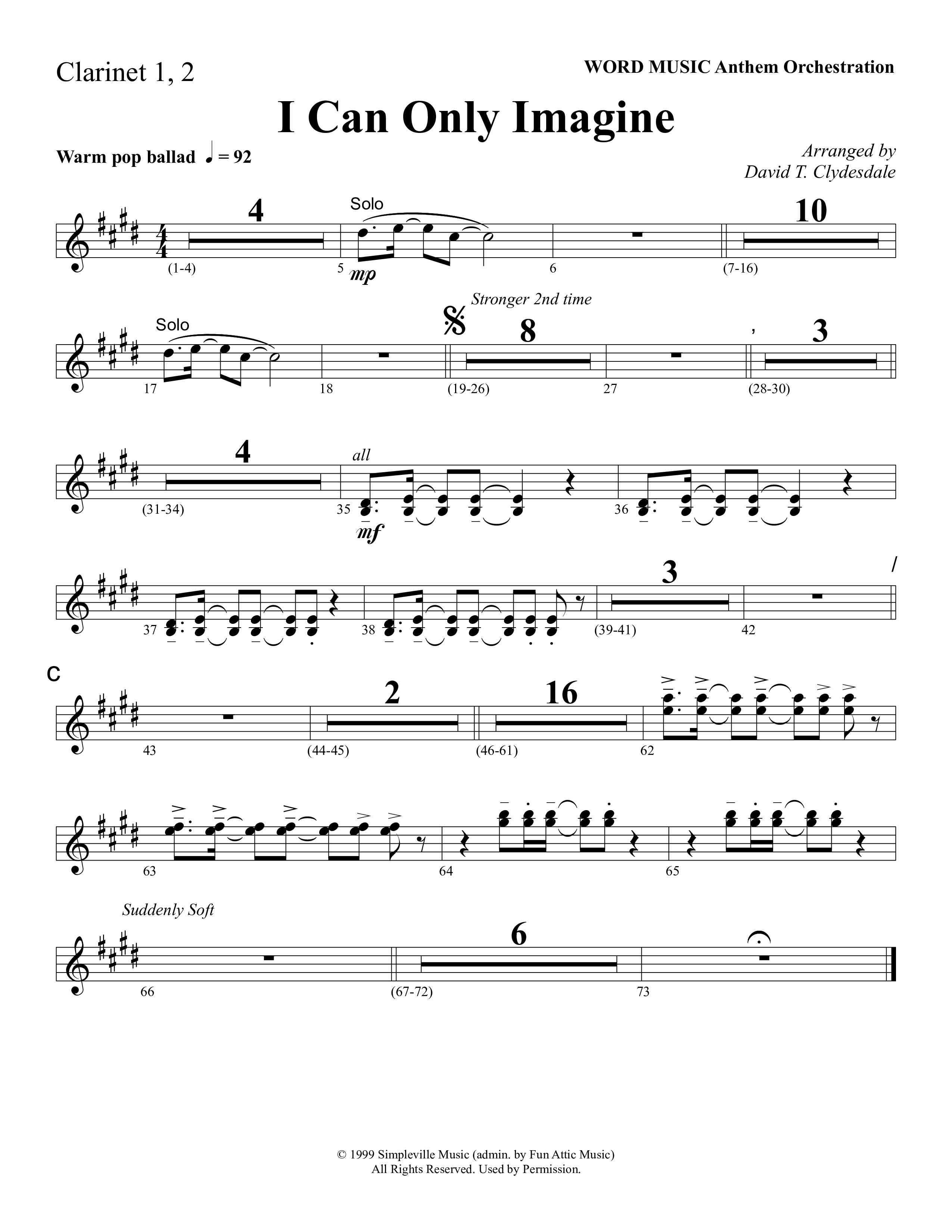 I Can Only Imagine (Choral Anthem SATB) Clarinet 1/2 (Word Music Choral / Arr. David Clydesdale)