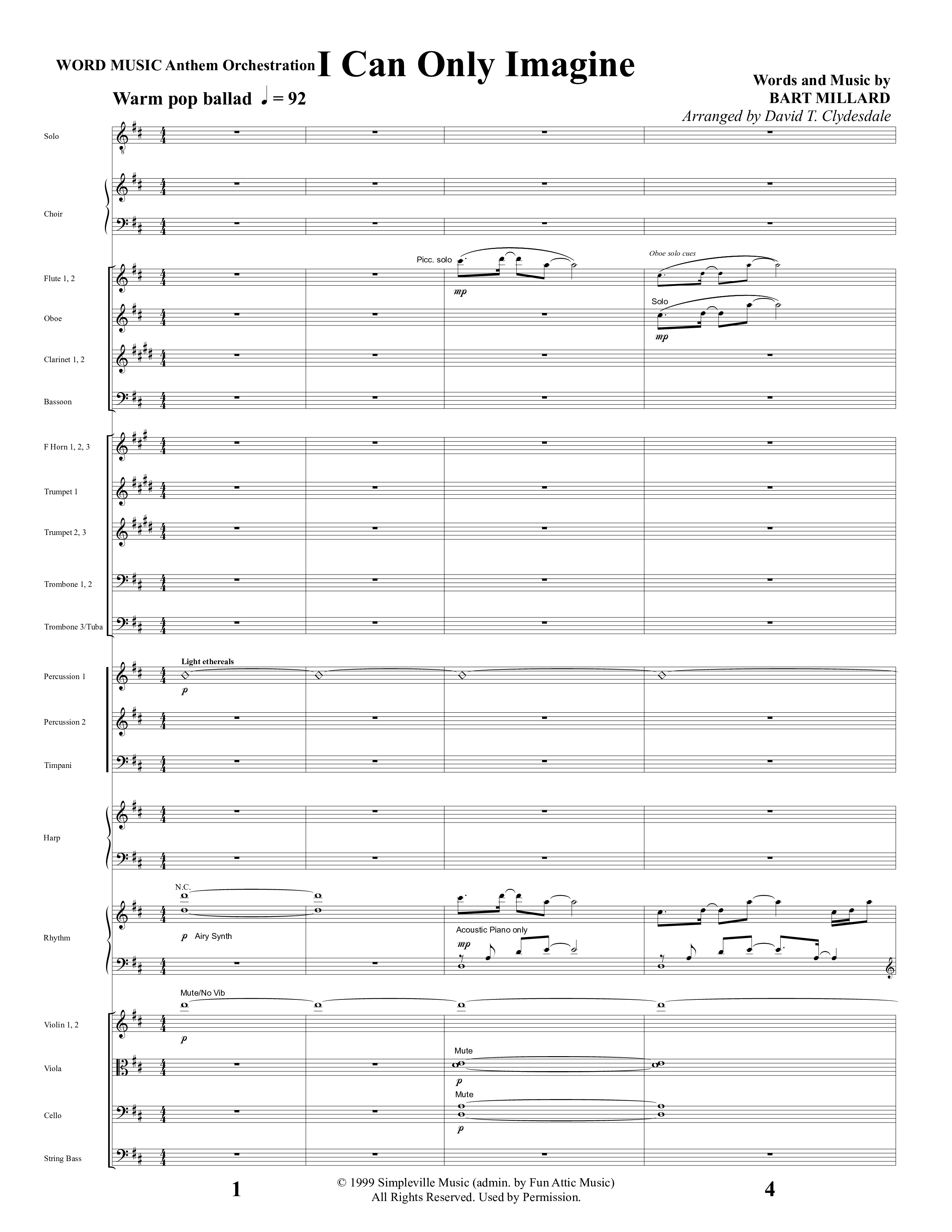 I Can Only Imagine (Choral Anthem SATB) Orchestration (Word Music Choral / Arr. David Clydesdale)