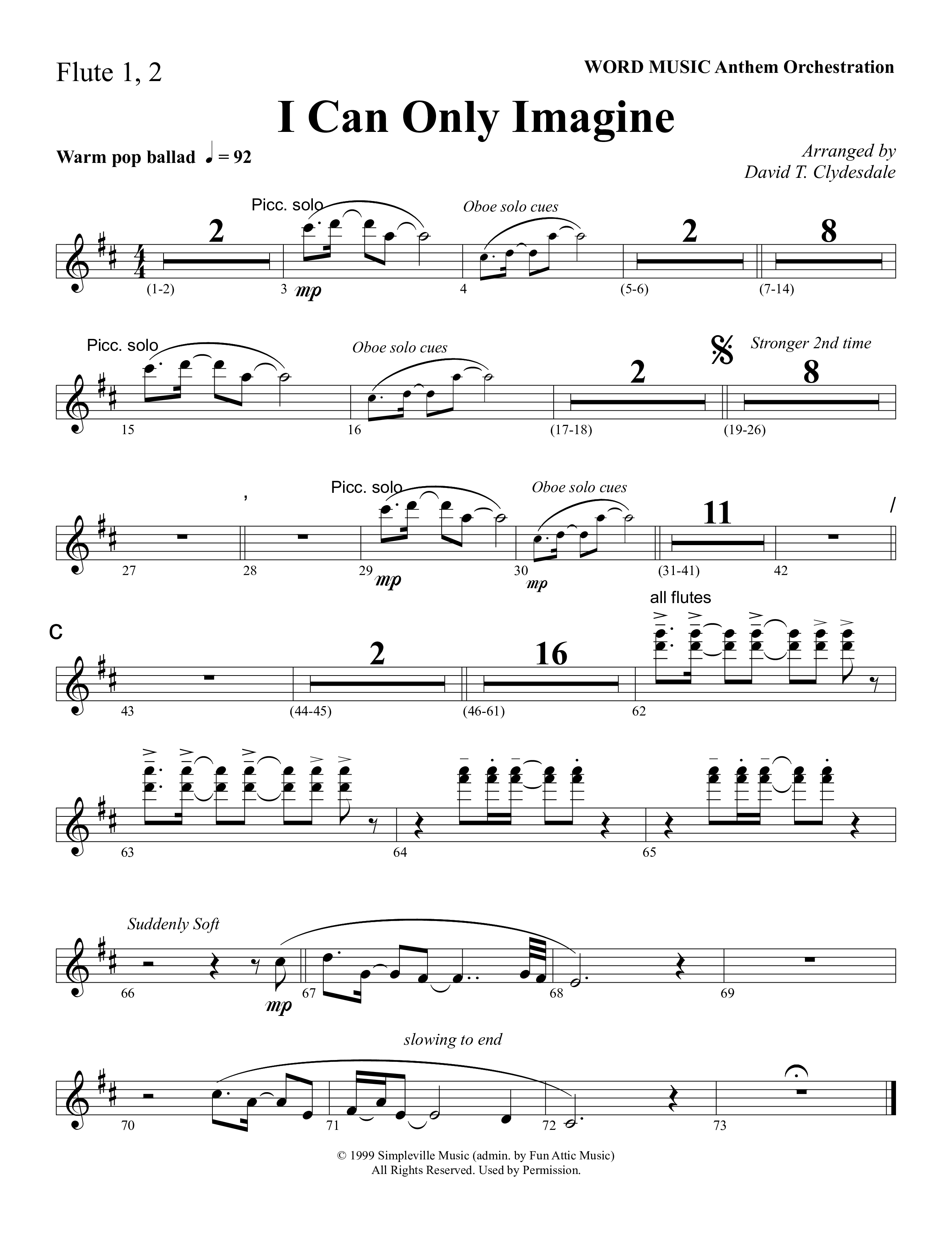 I Can Only Imagine (Choral Anthem SATB) Flute 1/2 (Word Music Choral / Arr. David Clydesdale)