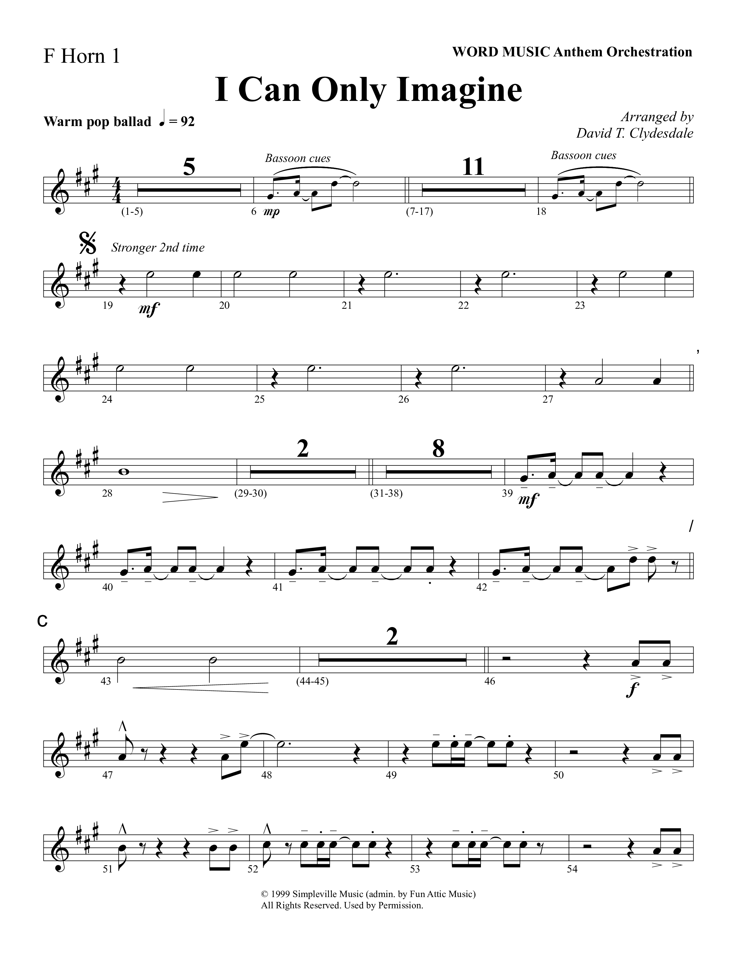 I Can Only Imagine (Choral Anthem SATB) French Horn (Word Music Choral / Arr. David Clydesdale)