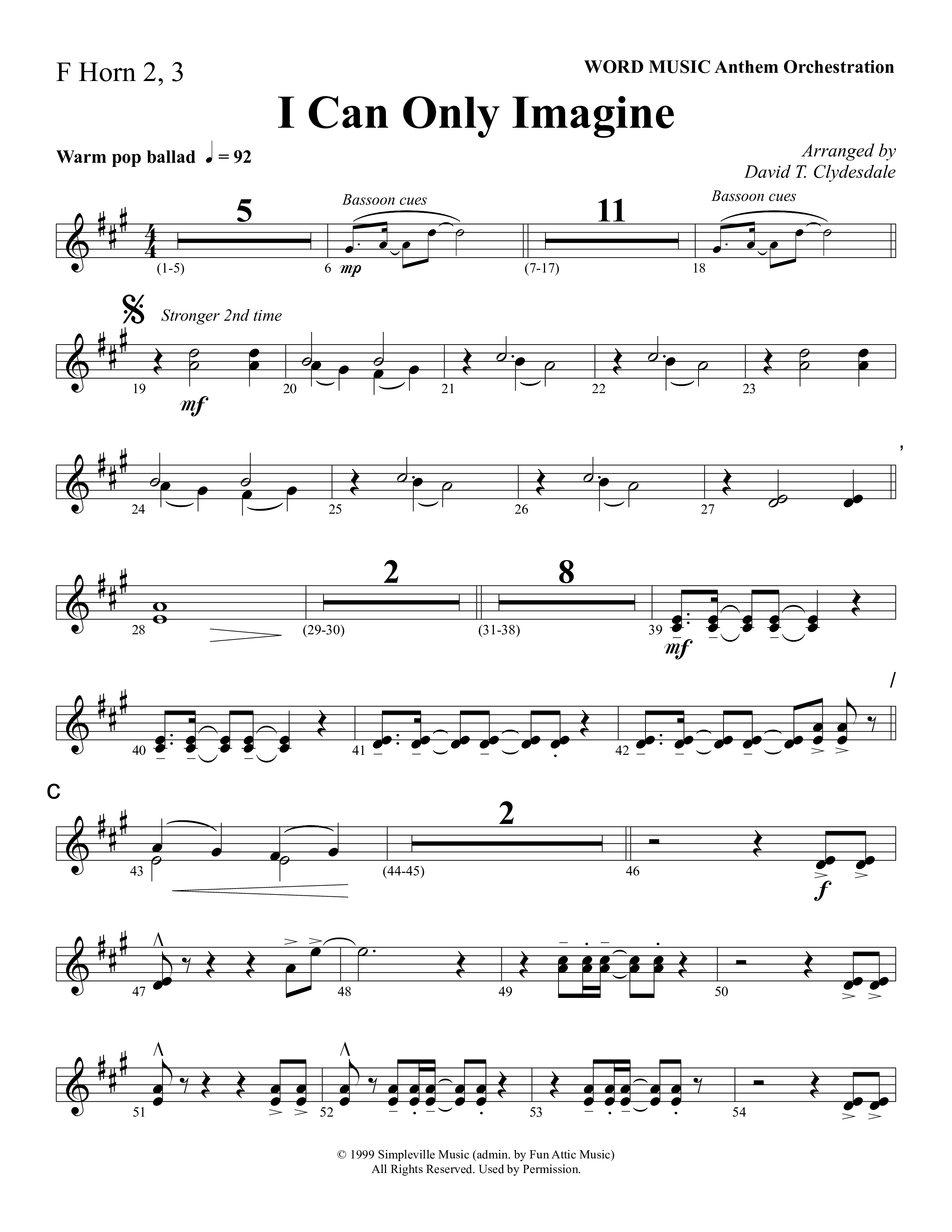 I Can Only Imagine (Choral Anthem SATB) French Horn (Word Music Choral / Arr. David Clydesdale)