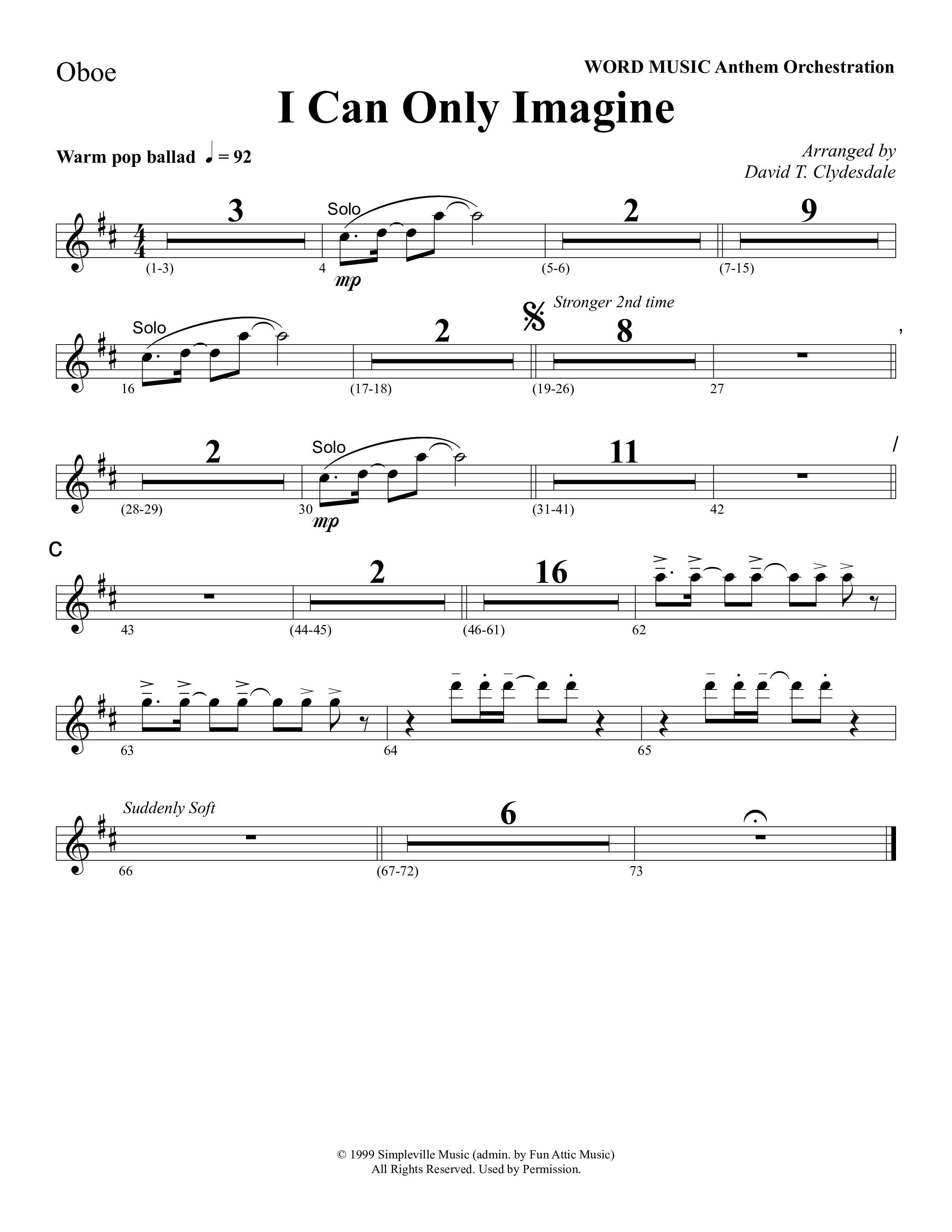 I Can Only Imagine (Choral Anthem SATB) Oboe (Word Music Choral / Arr. David Clydesdale)