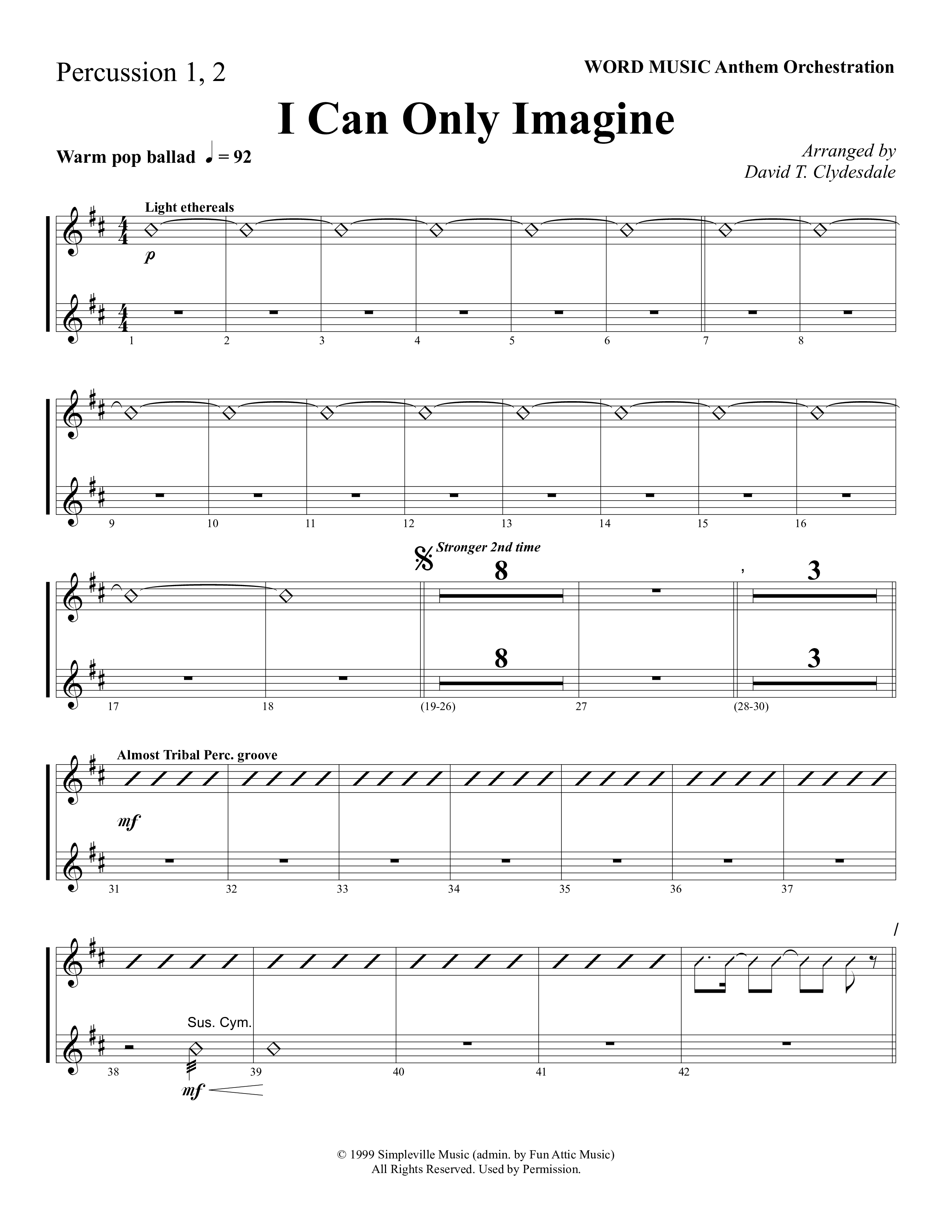 I Can Only Imagine (Choral Anthem SATB) Percussion 1/2 (Word Music Choral / Arr. David Clydesdale)