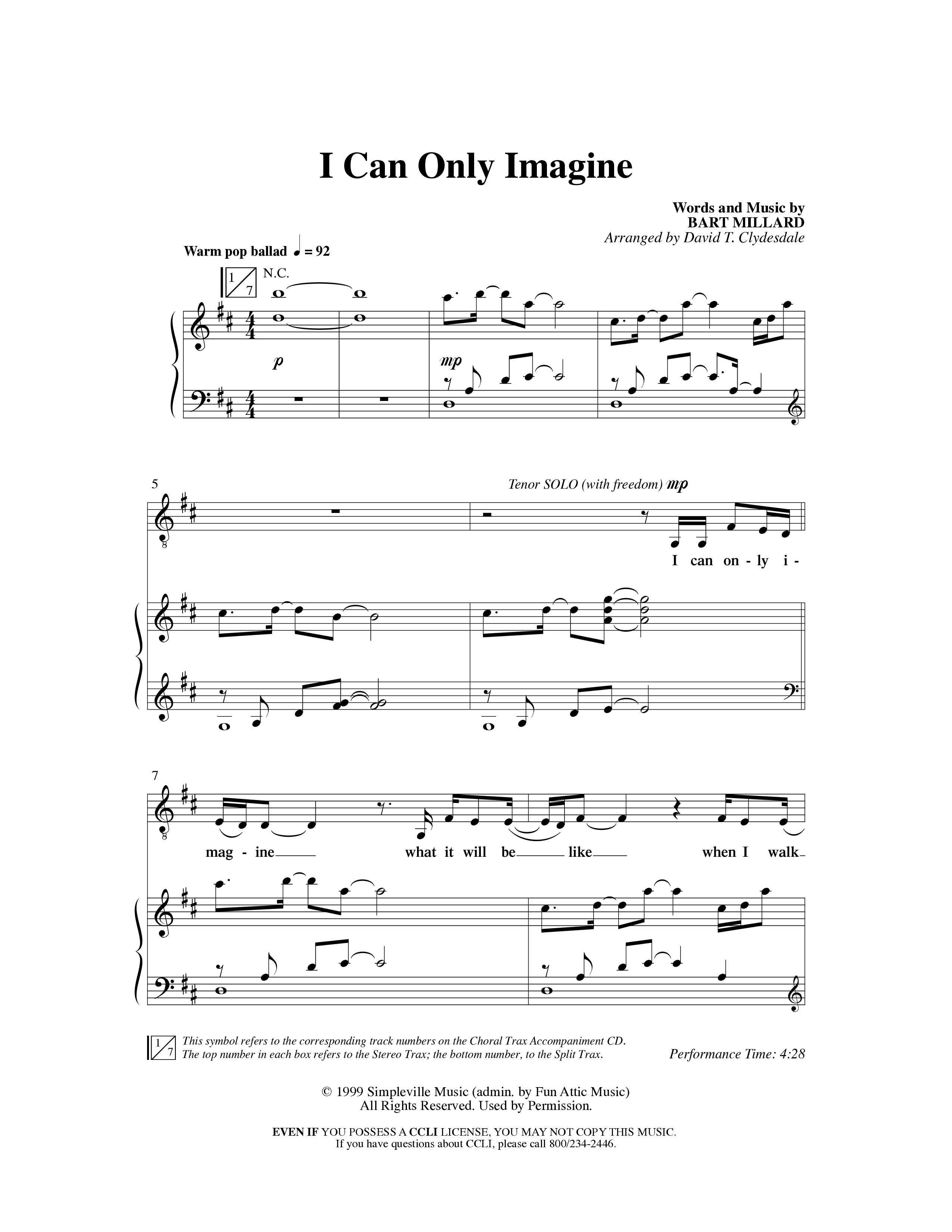 I Can Only Imagine (Choral Anthem SATB) Anthem (SATB/Piano) (Word Music Choral / Arr. David Clydesdale)