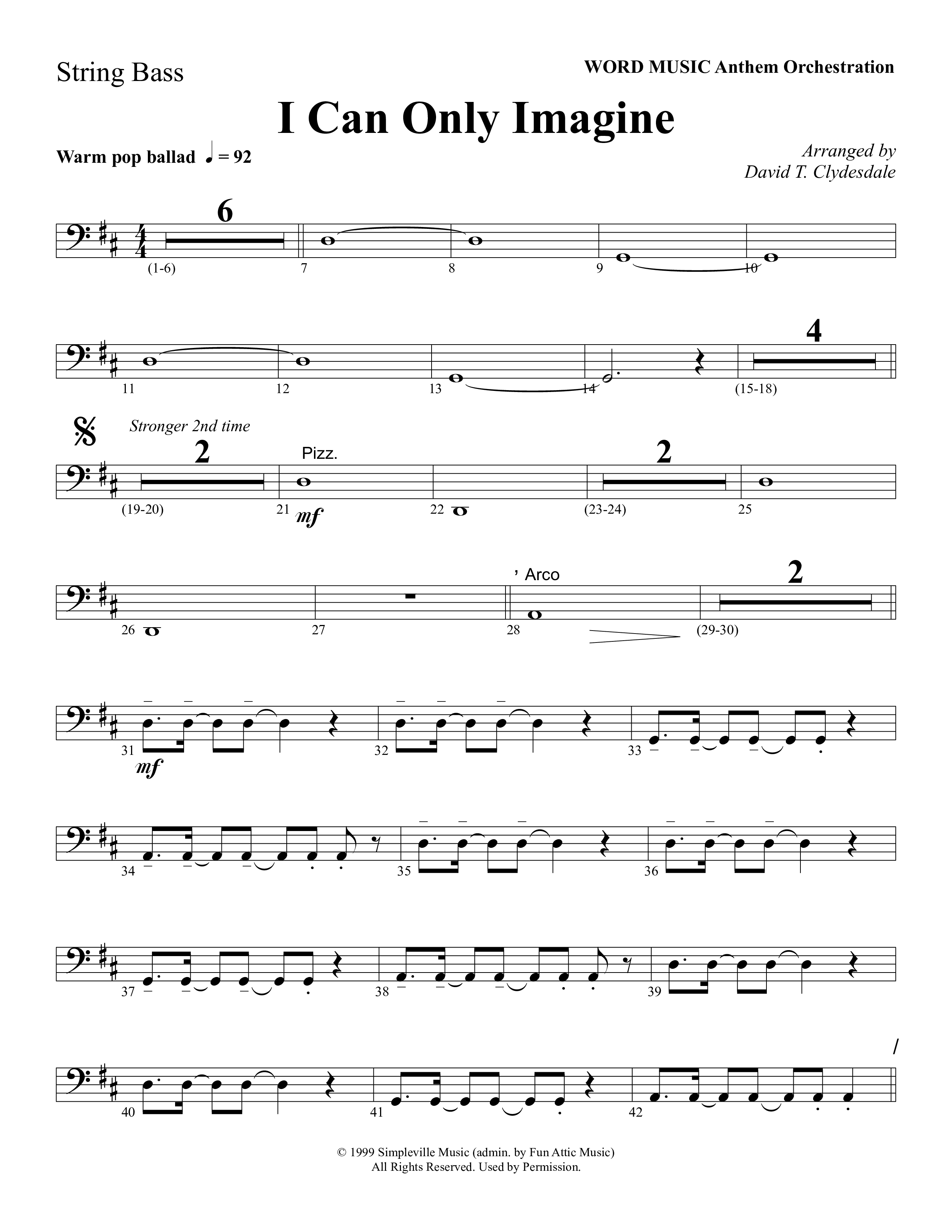 I Can Only Imagine (Choral Anthem SATB) String Bass (Word Music Choral / Arr. David Clydesdale)