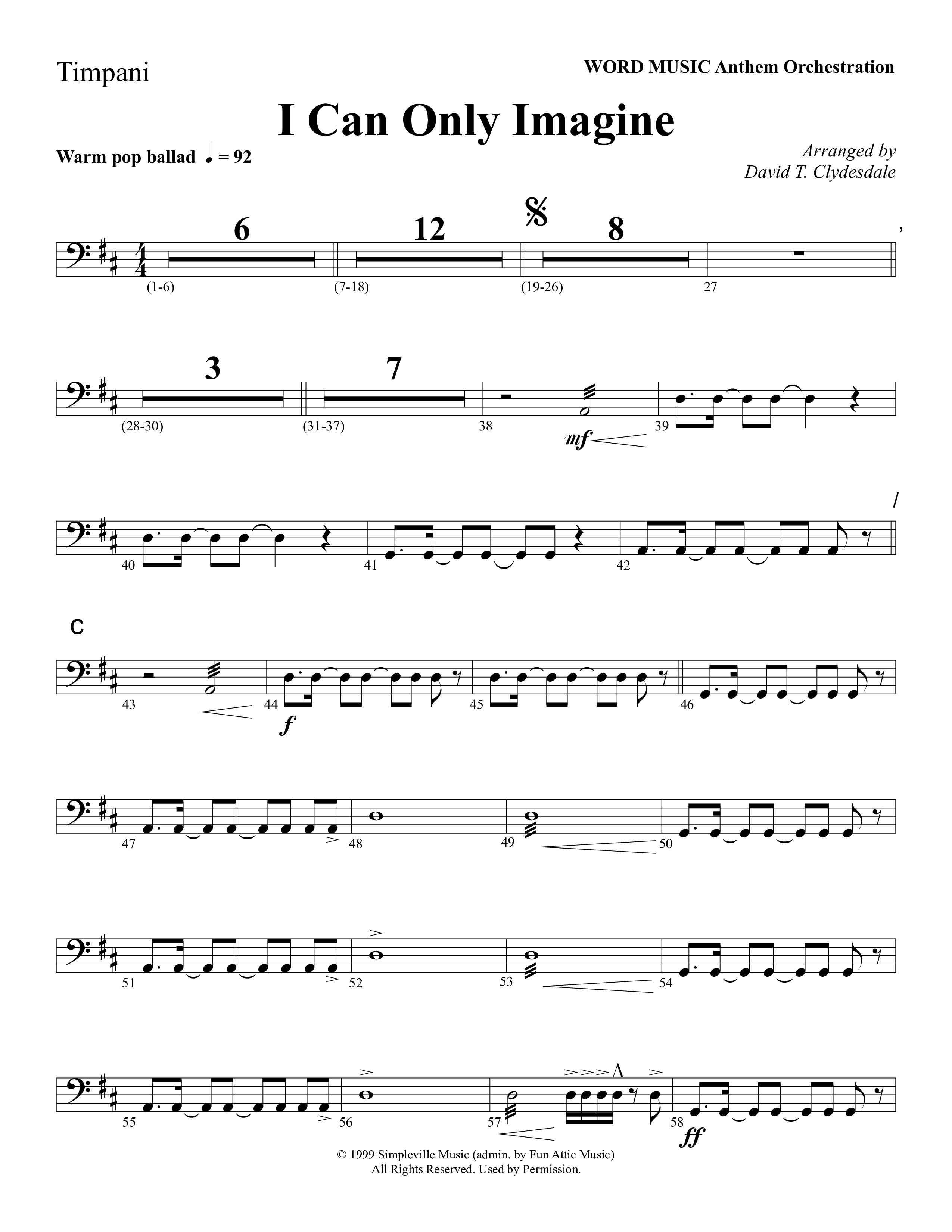 I Can Only Imagine (Choral Anthem SATB) Timpani (Word Music Choral / Arr. David Clydesdale)