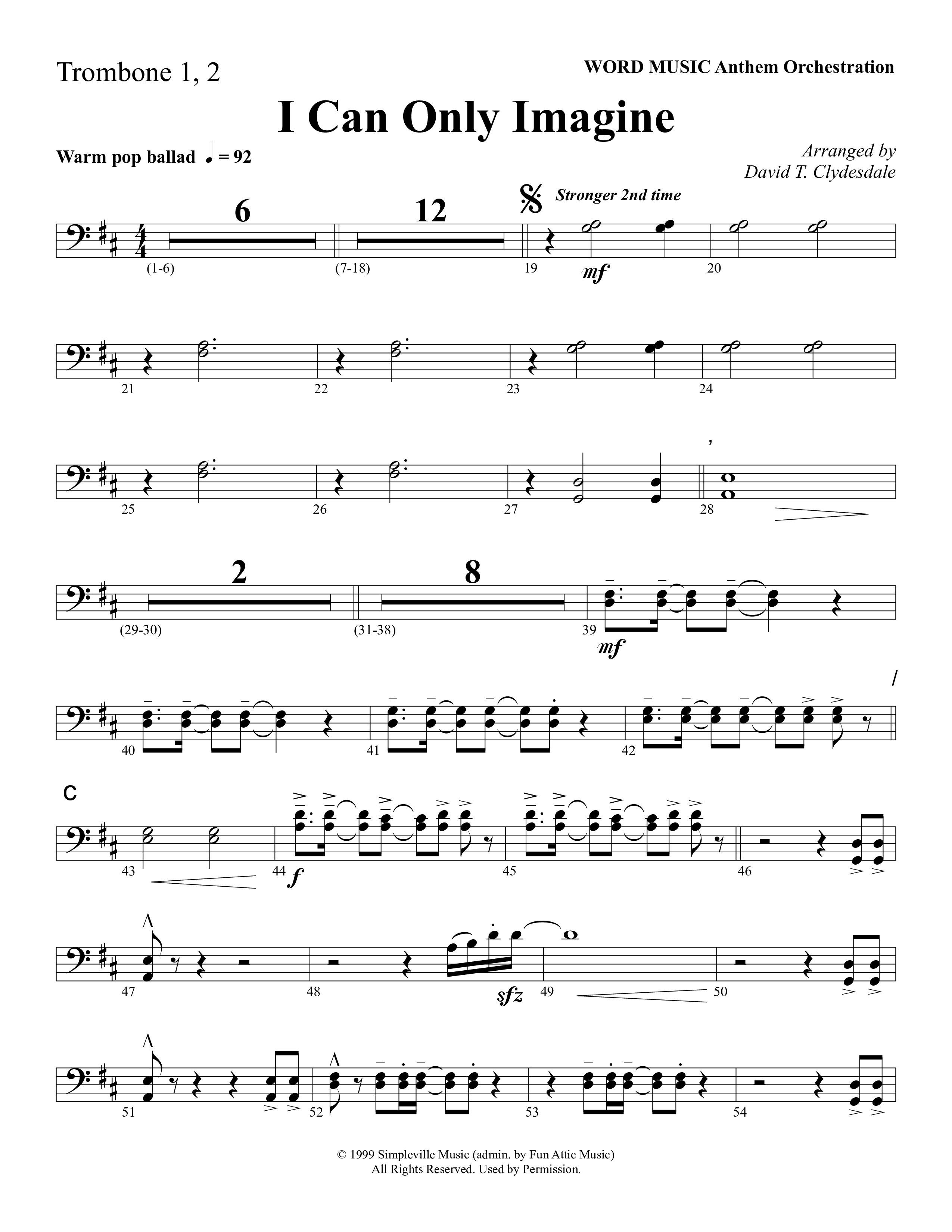 I Can Only Imagine (Choral Anthem SATB) Trombone 1/2 (Word Music Choral / Arr. David Clydesdale)