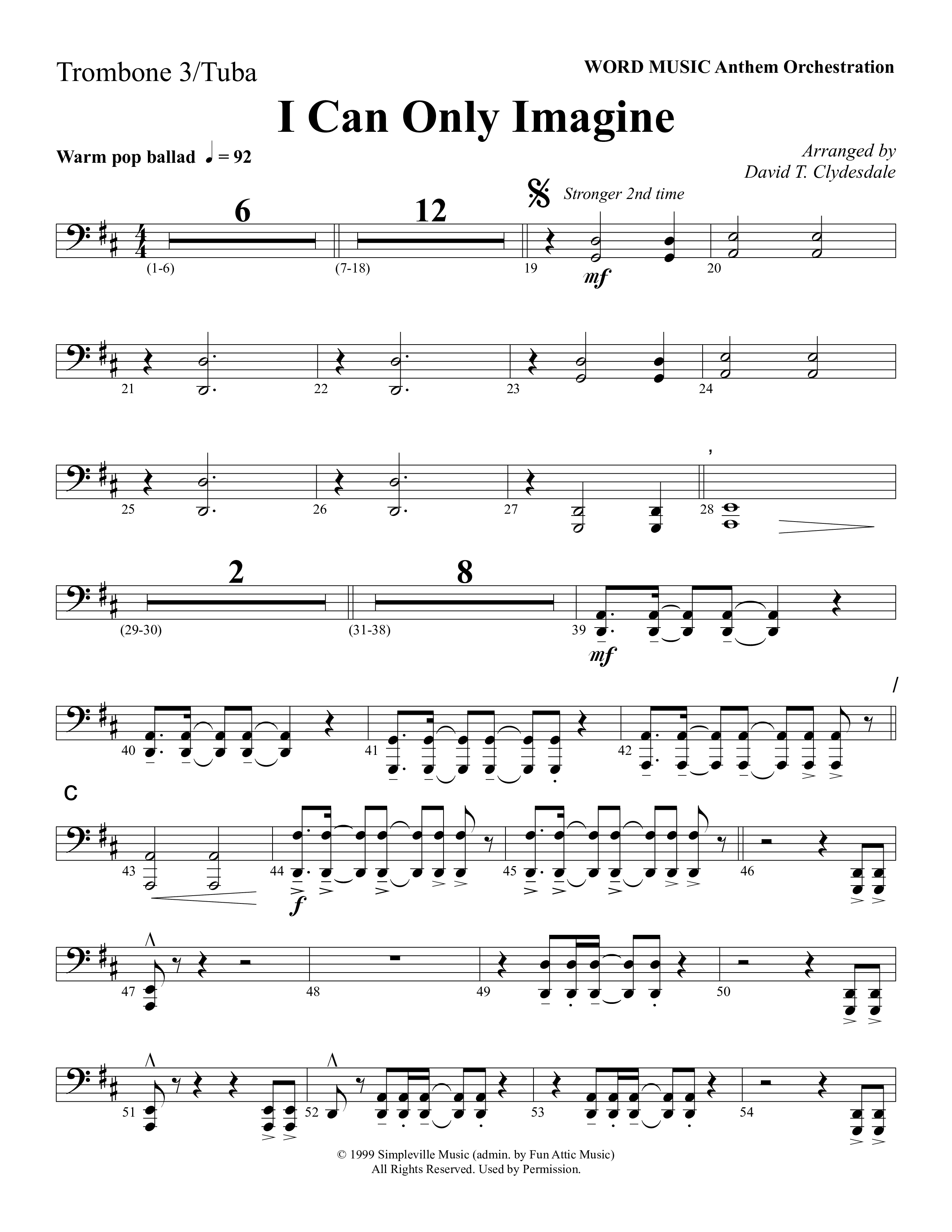 I Can Only Imagine (Choral Anthem SATB) Trombone 3/Tuba (Word Music Choral / Arr. David Clydesdale)