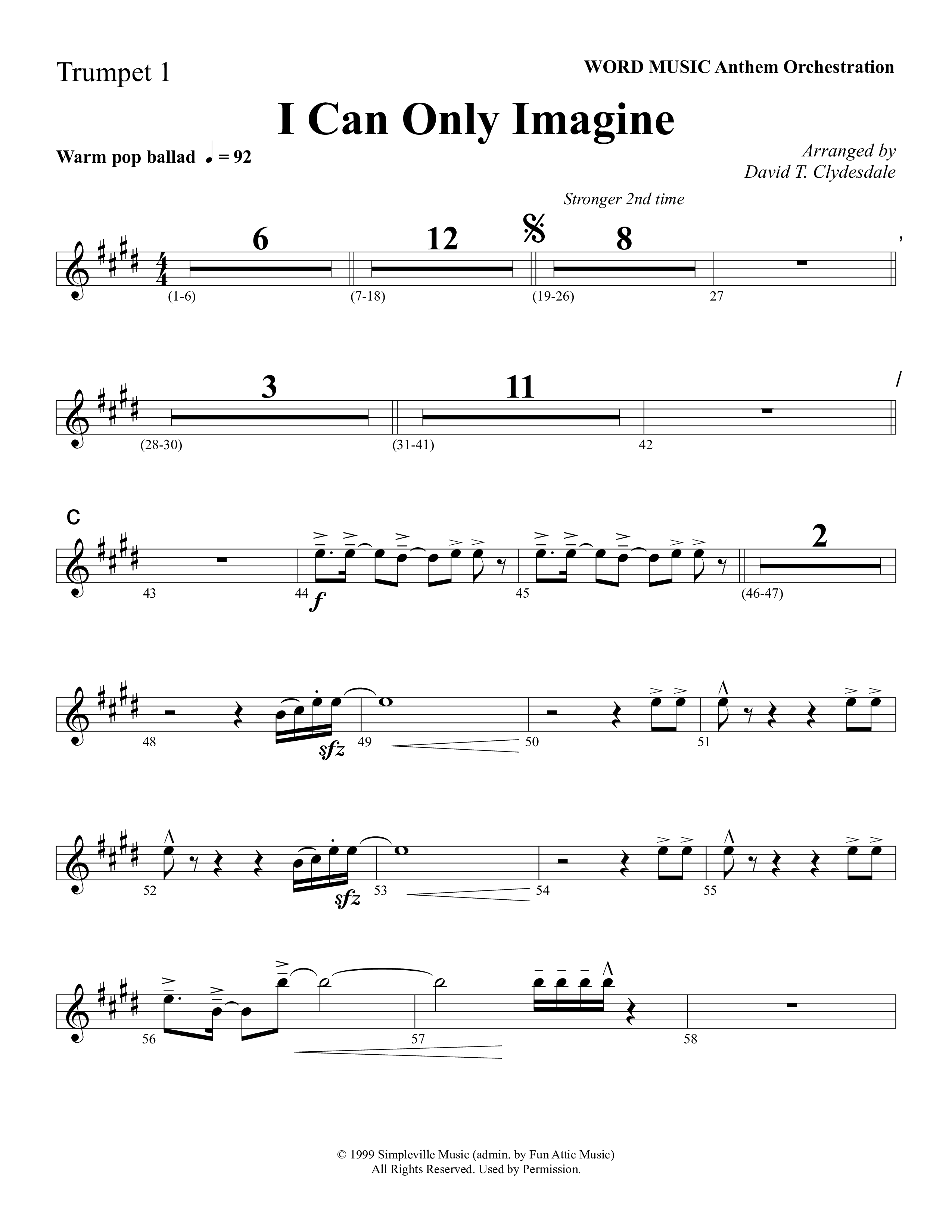 I Can Only Imagine (Choral Anthem SATB) Trumpet 1 (Word Music Choral / Arr. David Clydesdale)