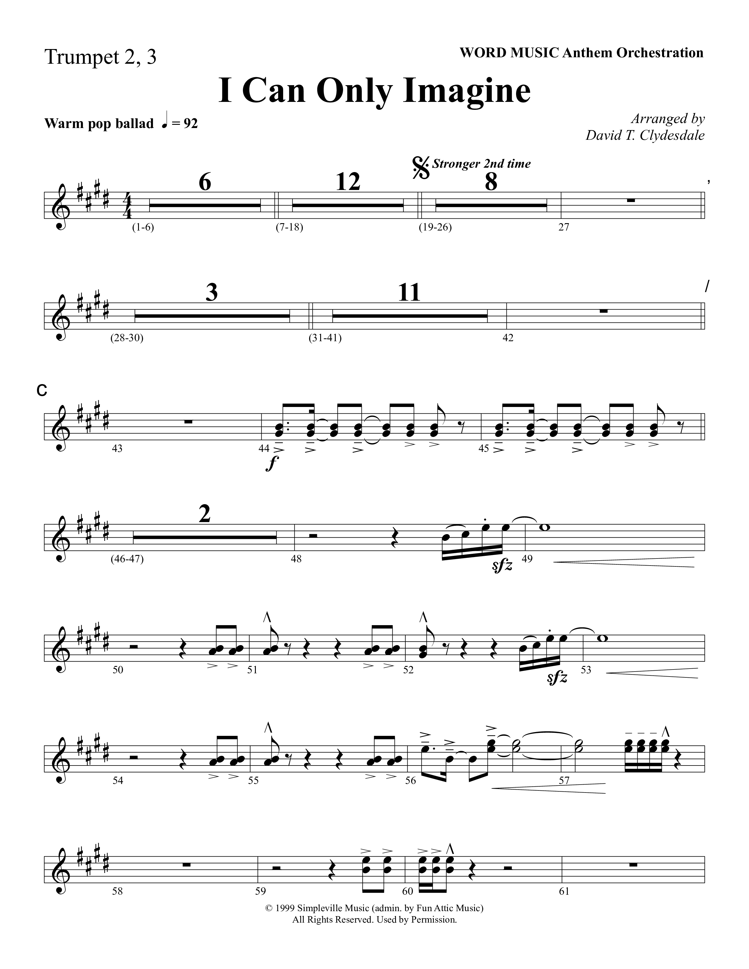 I Can Only Imagine (Choral Anthem SATB) Trumpet 2/3 (Word Music Choral / Arr. David Clydesdale)