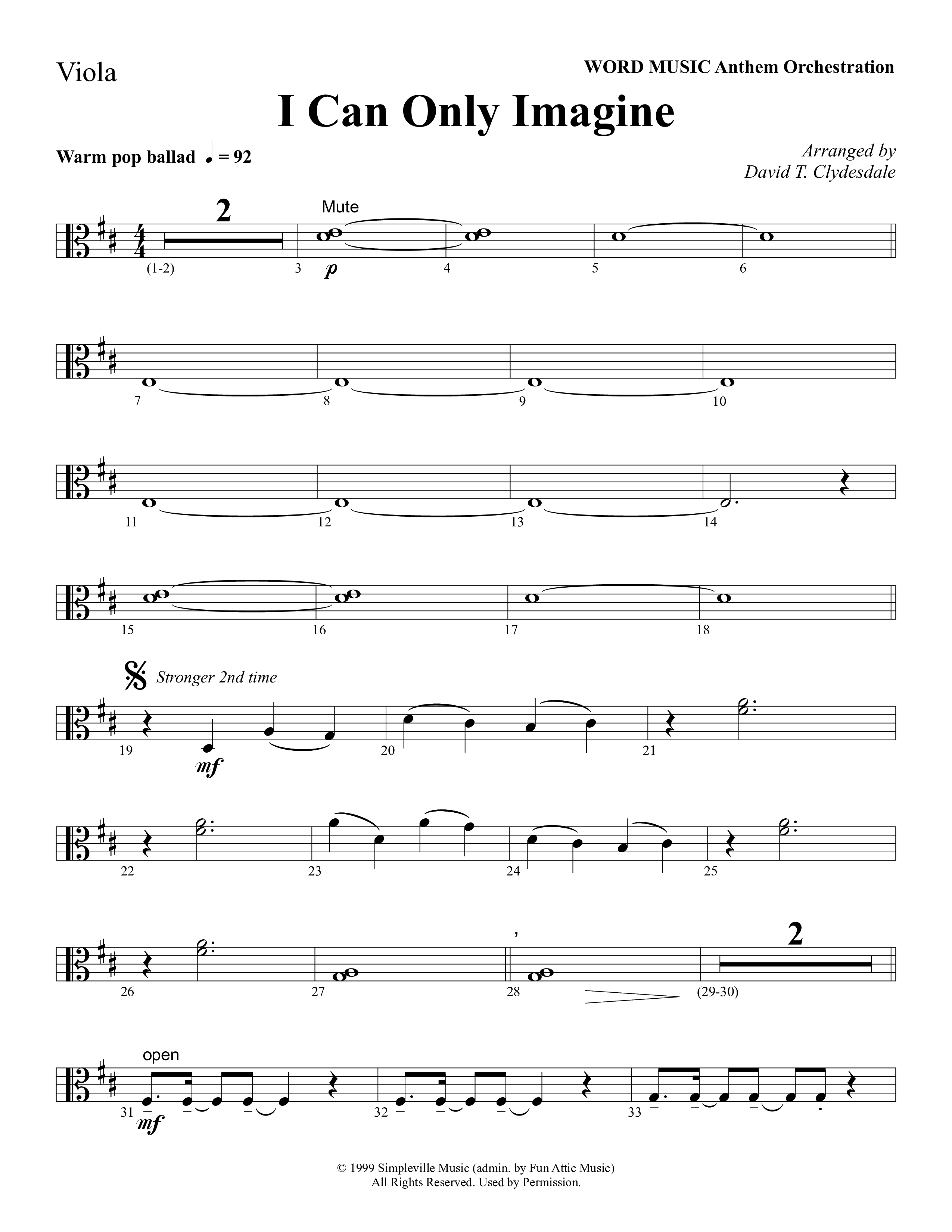 I Can Only Imagine (Choral Anthem SATB) Viola (Word Music Choral / Arr. David Clydesdale)