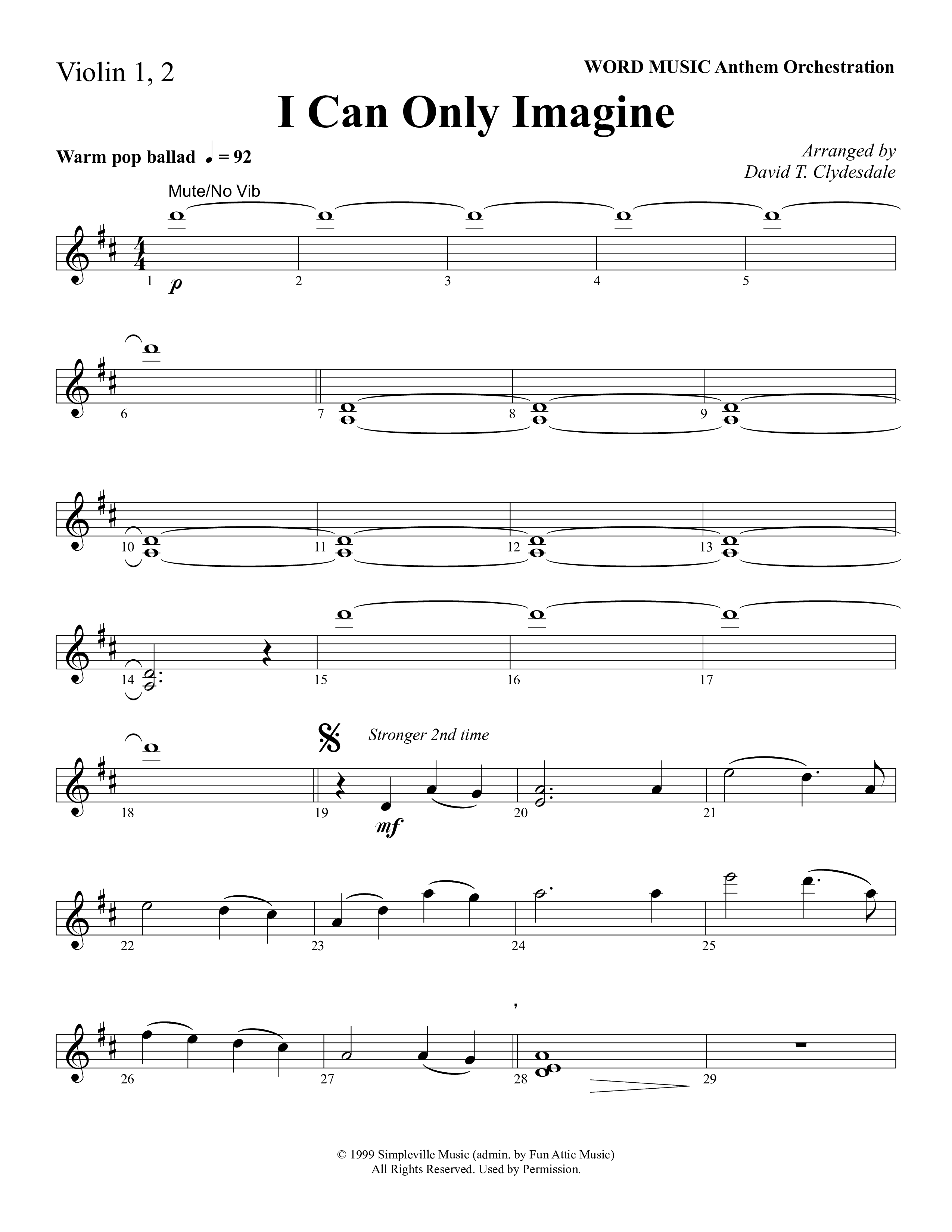 I Can Only Imagine (Choral Anthem SATB) Violin 1/2 (Word Music Choral / Arr. David Clydesdale)