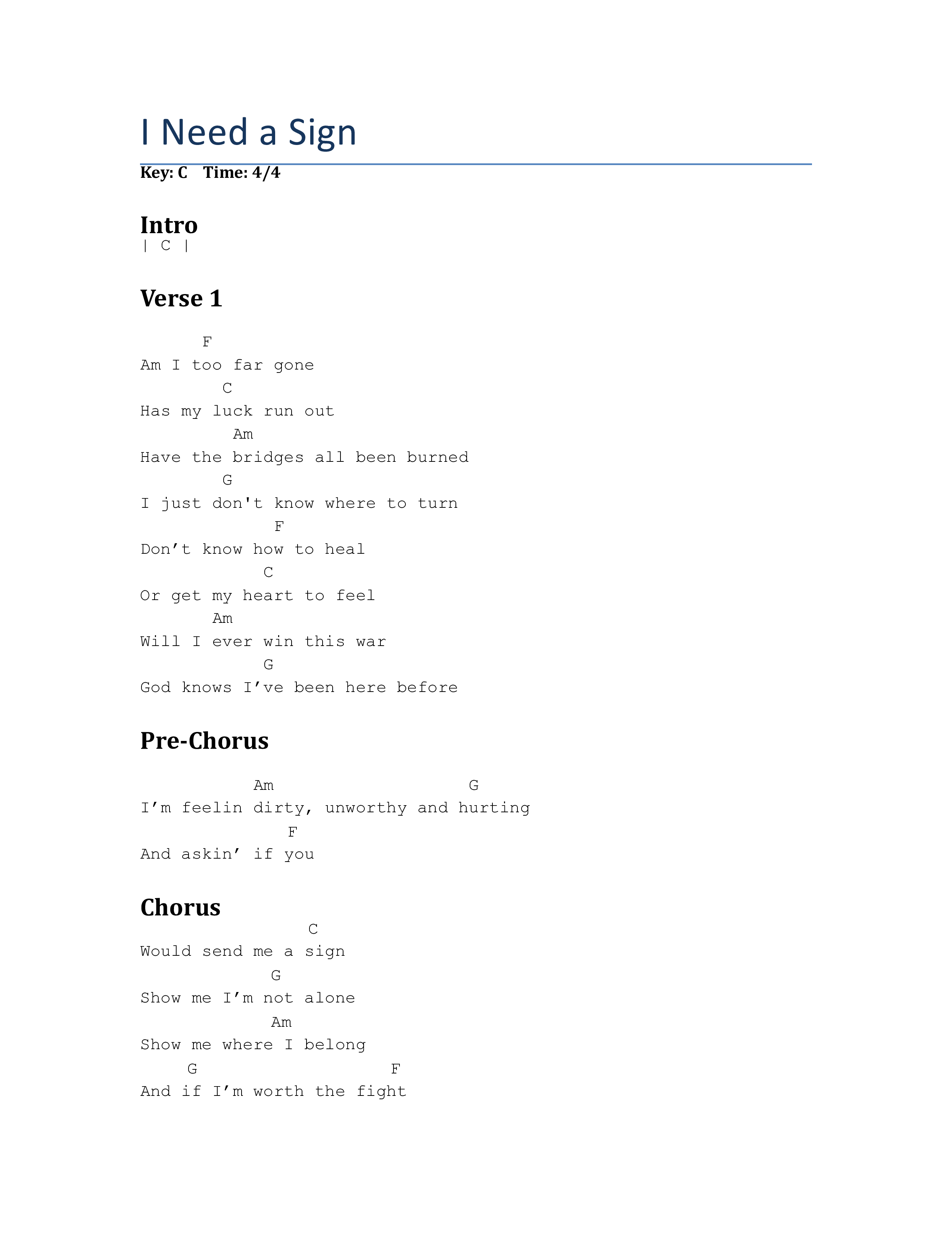 I Need a Sign Chord Chart (Allan Scott)