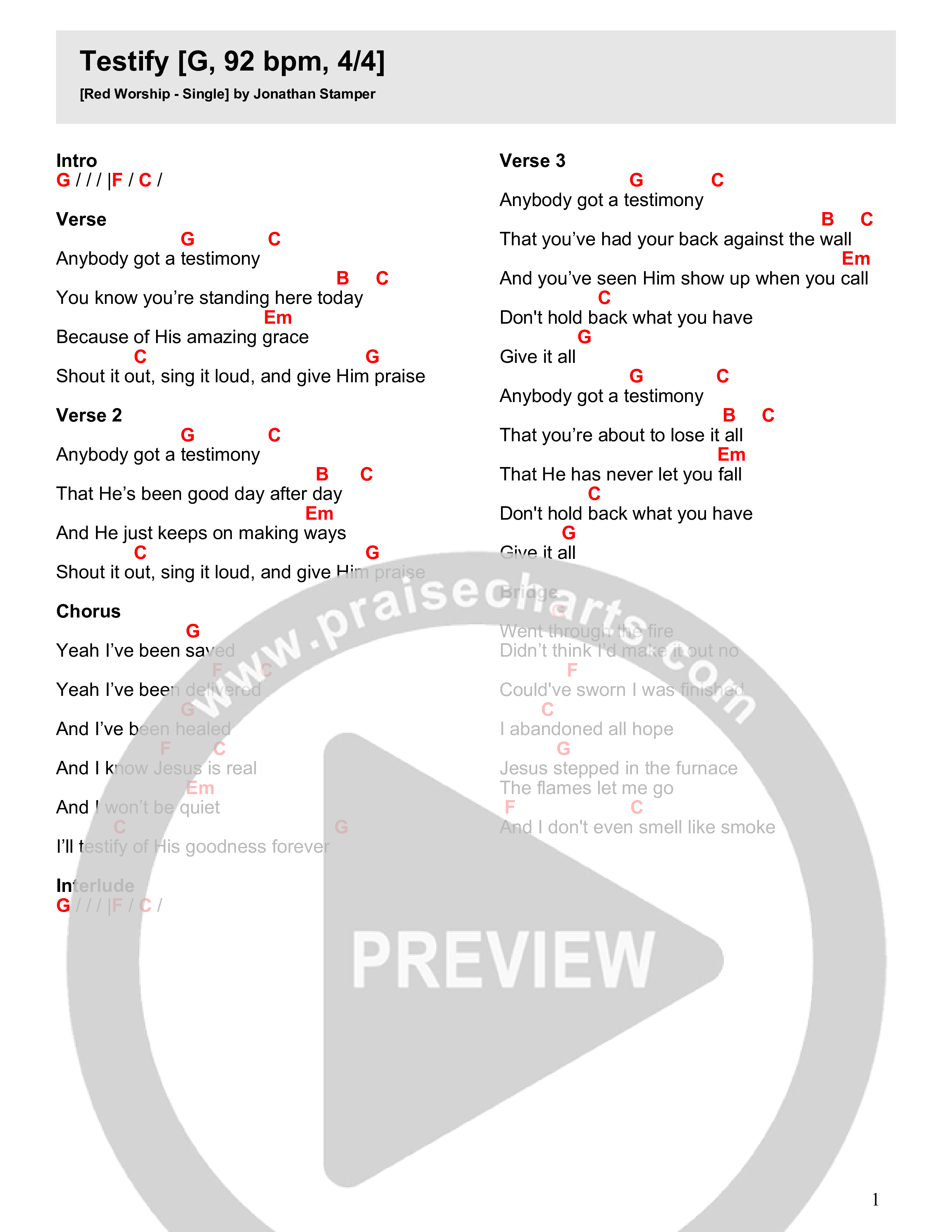 Testify (Smell Like Smoke) Chord Chart (Red Worship)