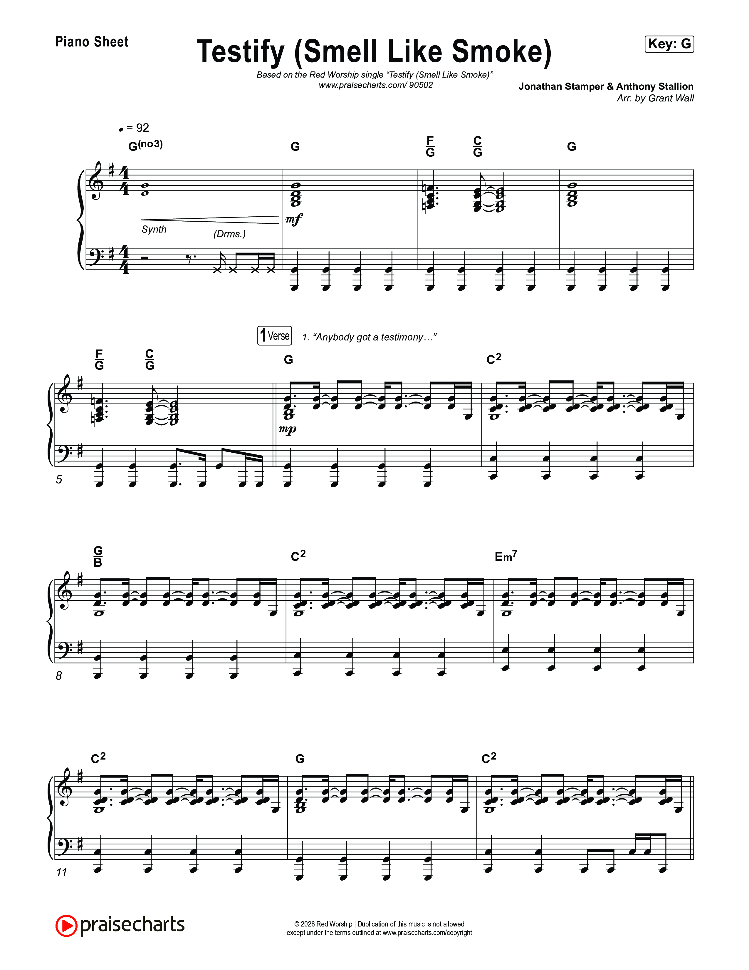 Testify (Smell Like Smoke) Piano Sheet (Red Worship)