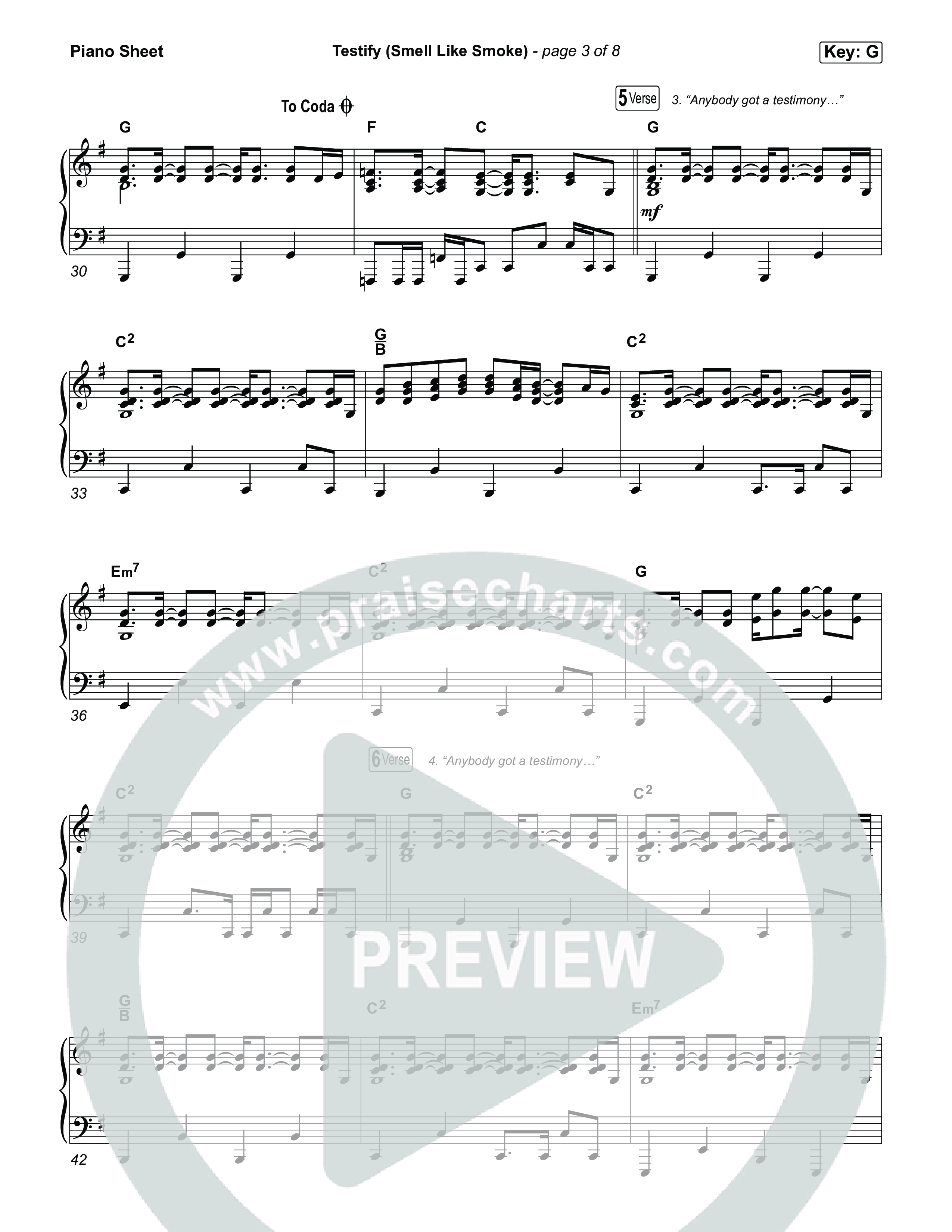Testify (Smell Like Smoke) Piano Sheet (Red Worship)