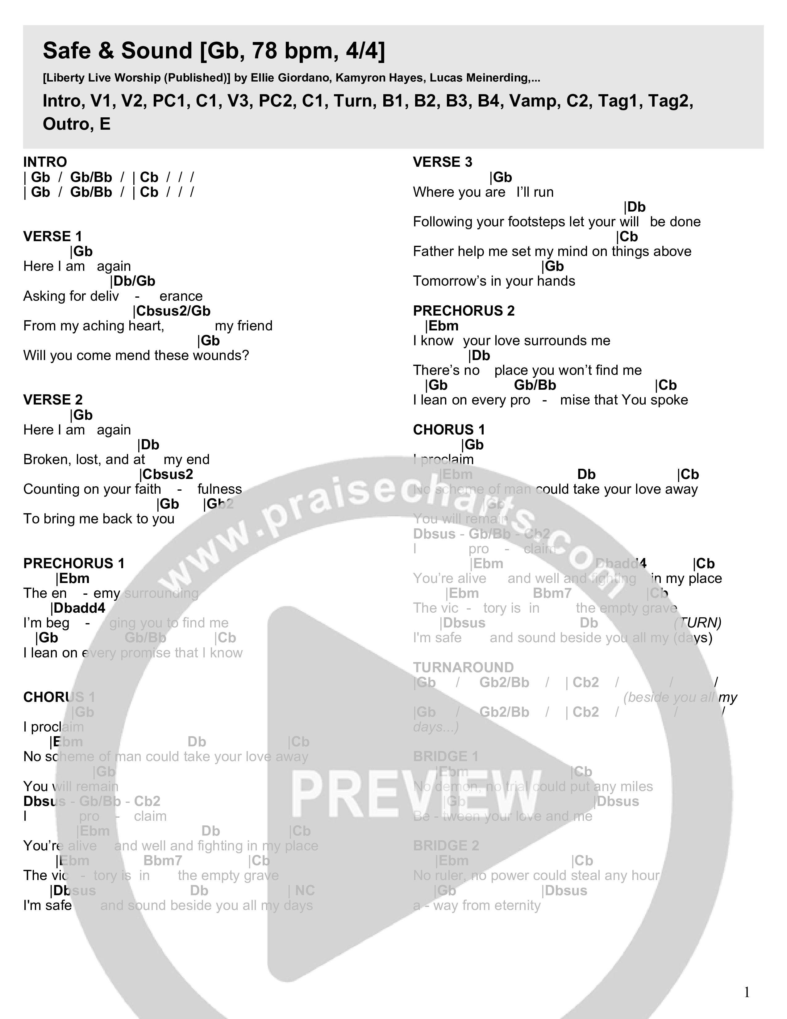 Safe & Sound Chord Chart (Liberty Live Worship)
