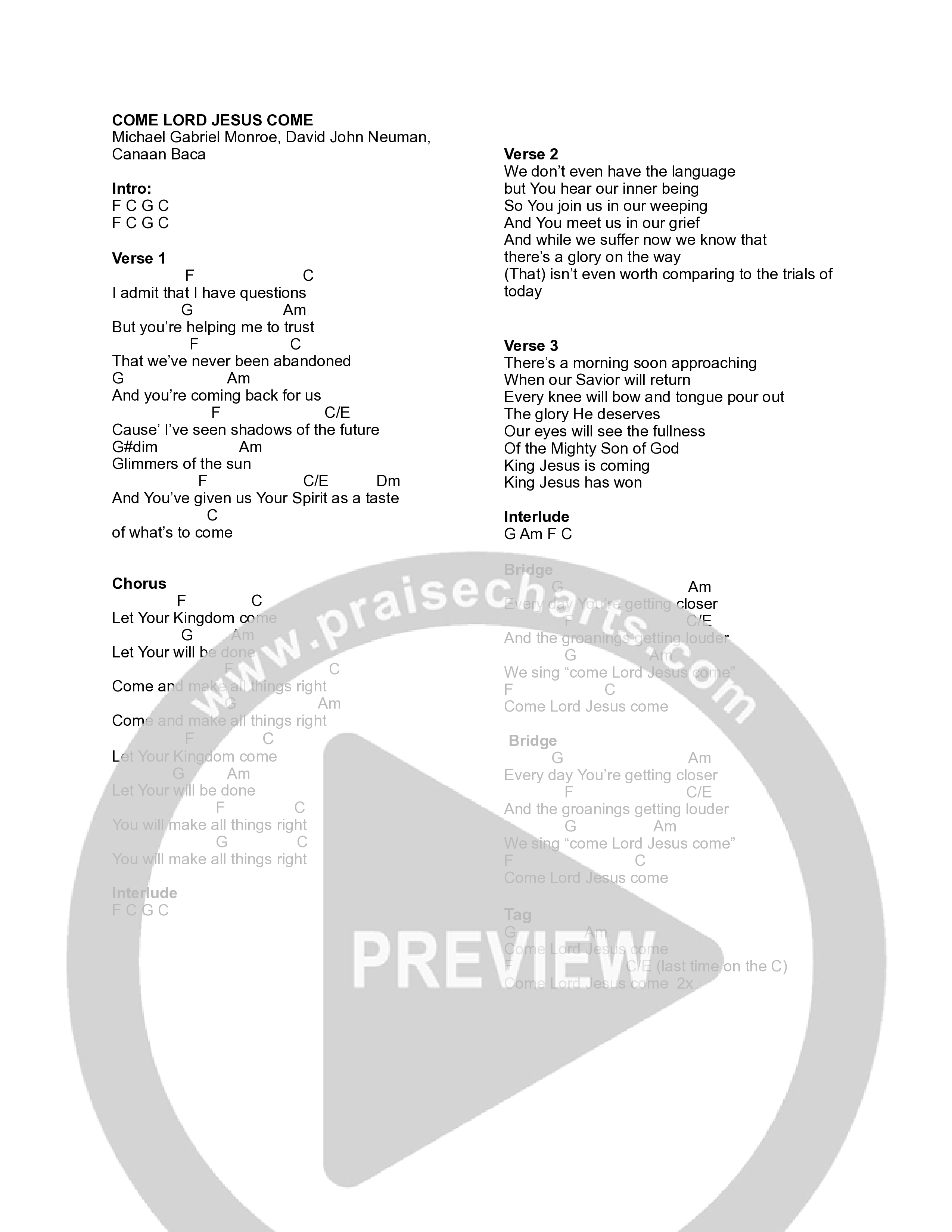 Come Lord Jesus Come Chord Chart (Canyon Hills Worship / Michael Gabriel Monroe)