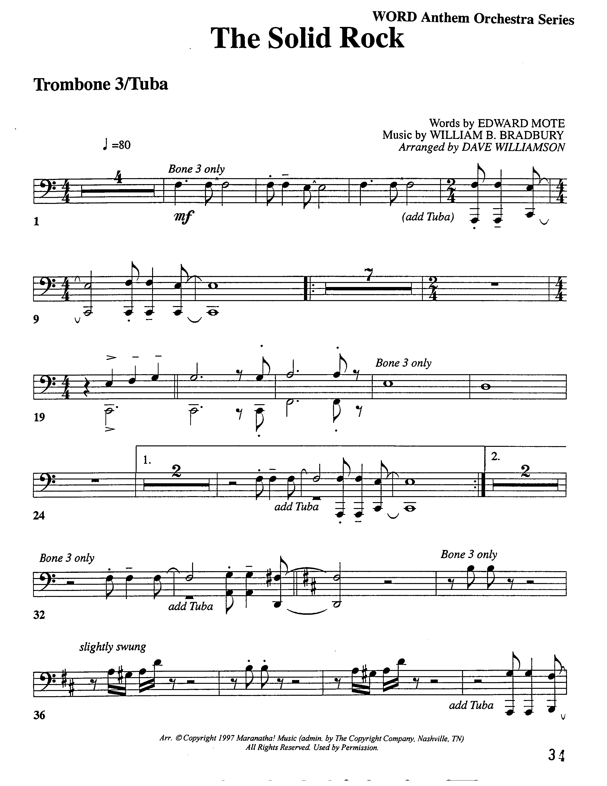 The Solid Rock (Choral Anthem SATB) Trombone 3/Tuba (Word Music Choral / Arr. Dave Williamson)