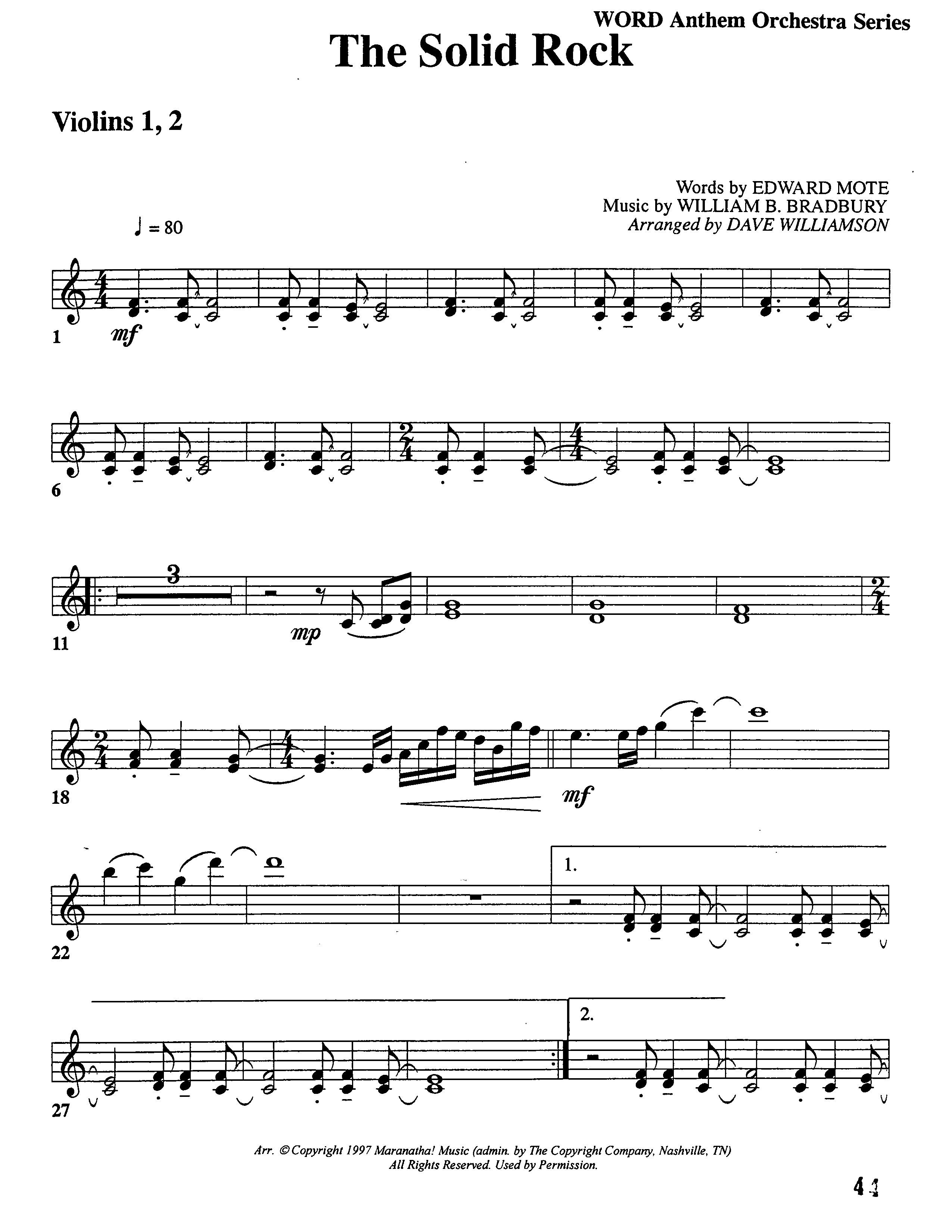 The Solid Rock (Choral Anthem SATB) Violin 1/2 (Word Music Choral / Arr. Dave Williamson)