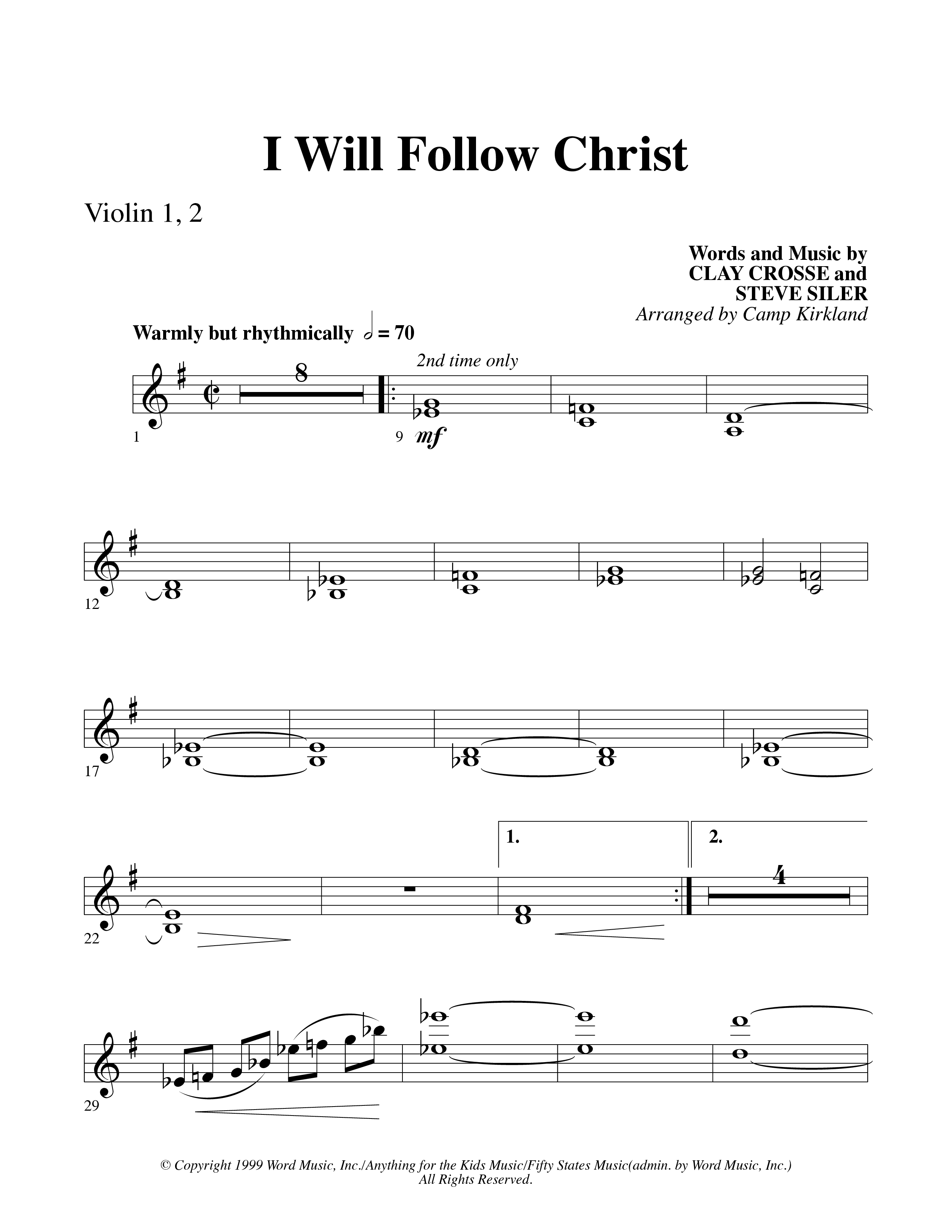 I Will Follow Christ (Choral Anthem SATB) Violin 1/2 (Word Music Choral / Arr. Camp Kirkland)