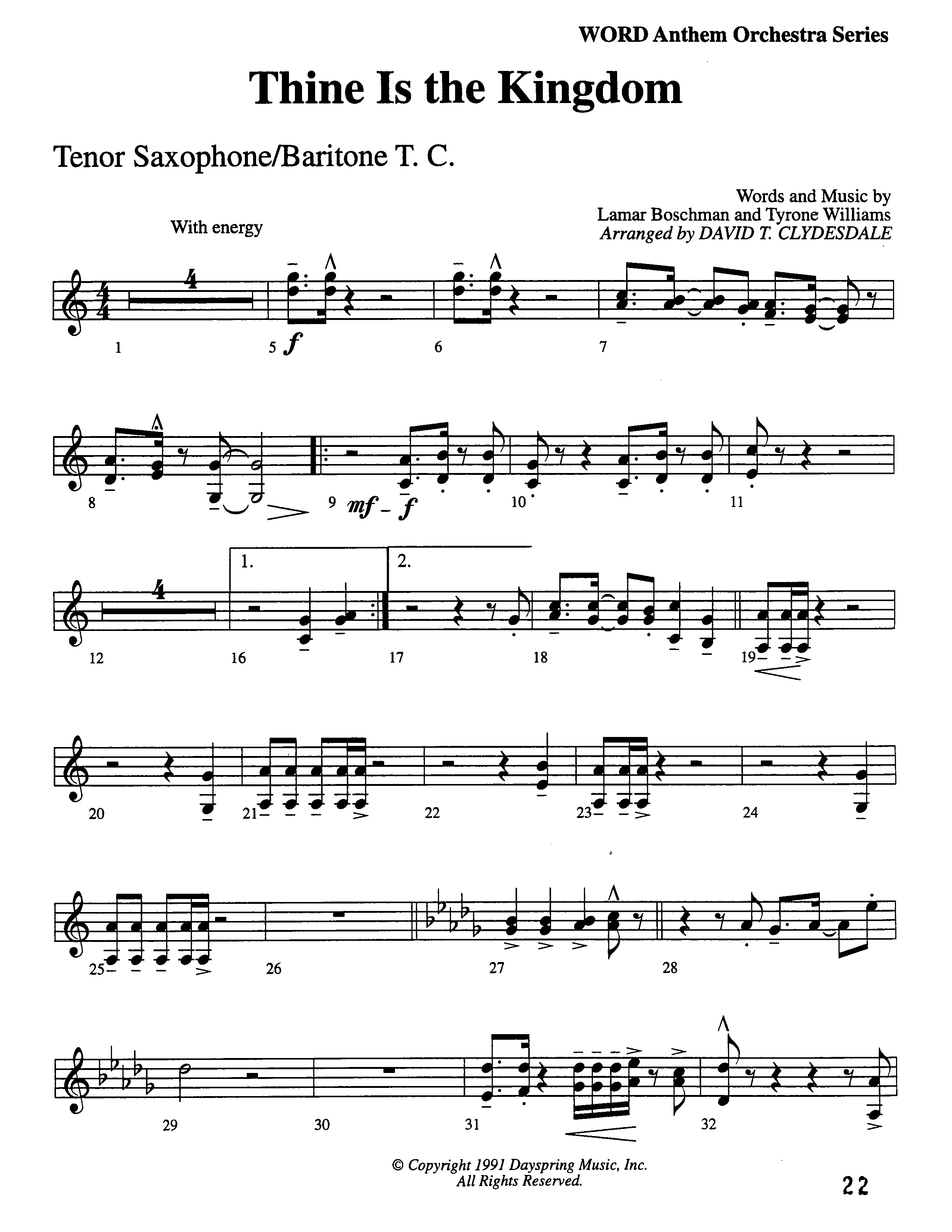 Thine Is The Kingdom (Choral Anthem SATB) Tenor Sax/Baritone T.C. (Word Music Choral / Arr. David Clydesdale)