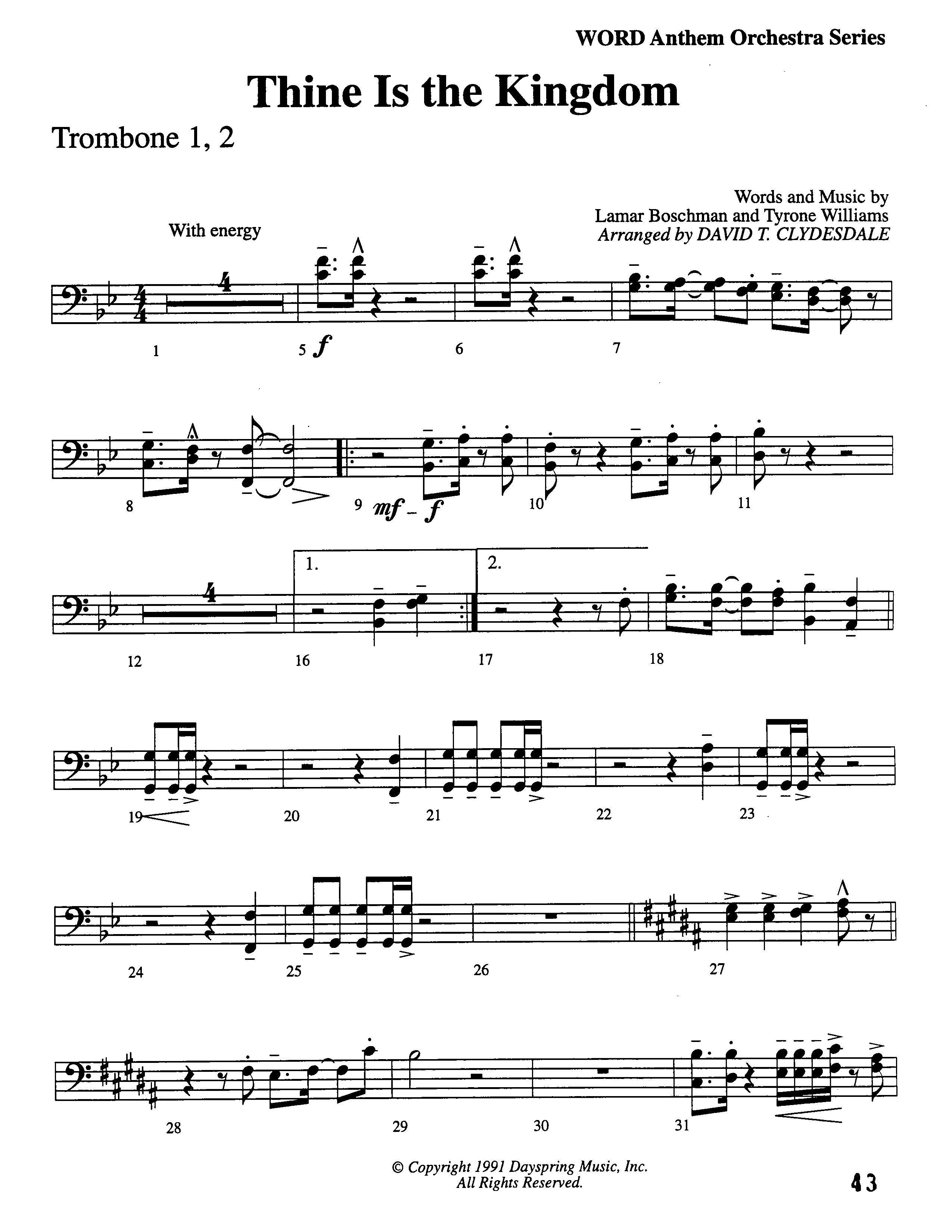 Thine Is The Kingdom (Choral Anthem SATB) Trombone 1/2 (Word Music Choral / Arr. David Clydesdale)