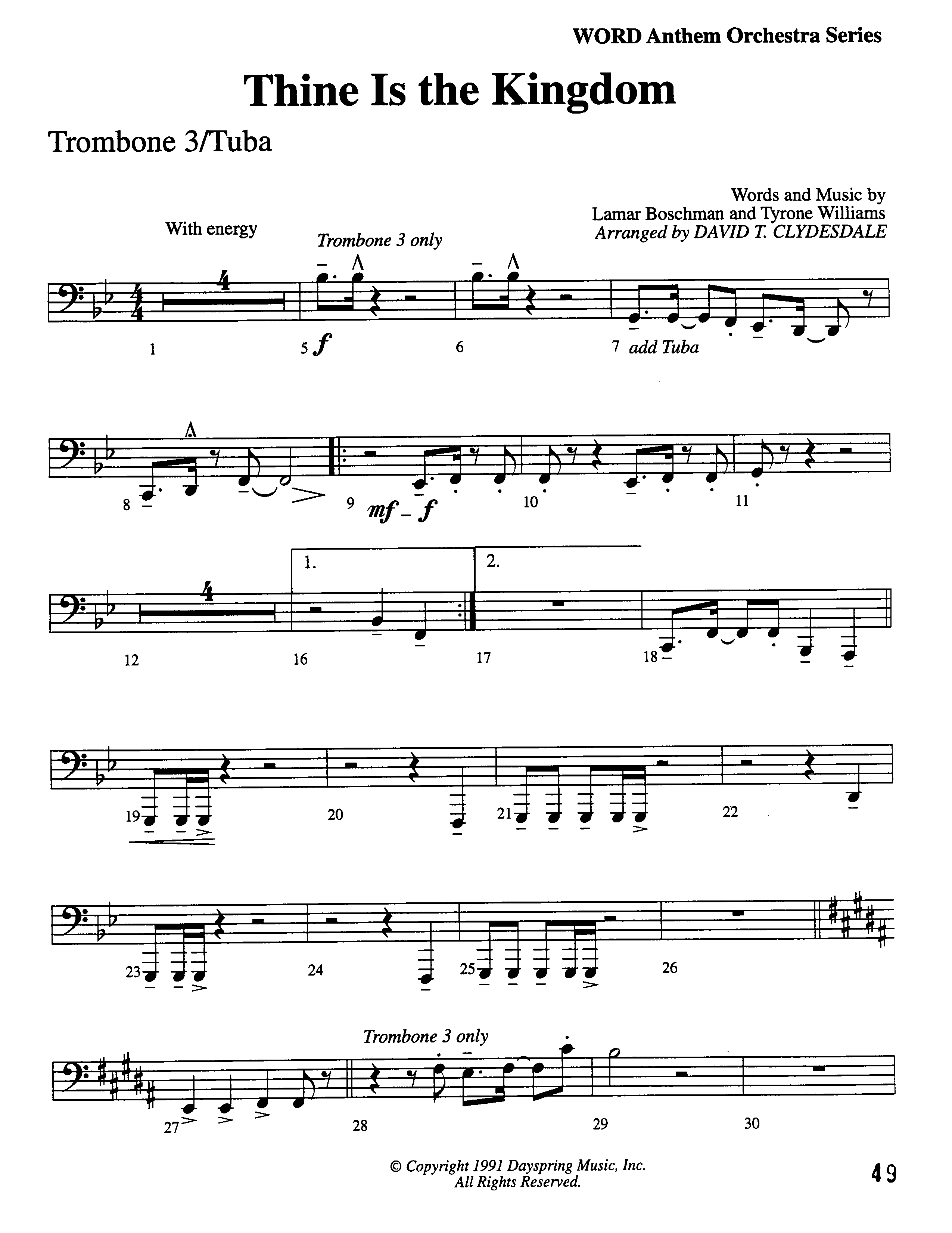 Thine Is The Kingdom (Choral Anthem SATB) Trombone 3/Tuba (Word Music Choral / Arr. David Clydesdale)