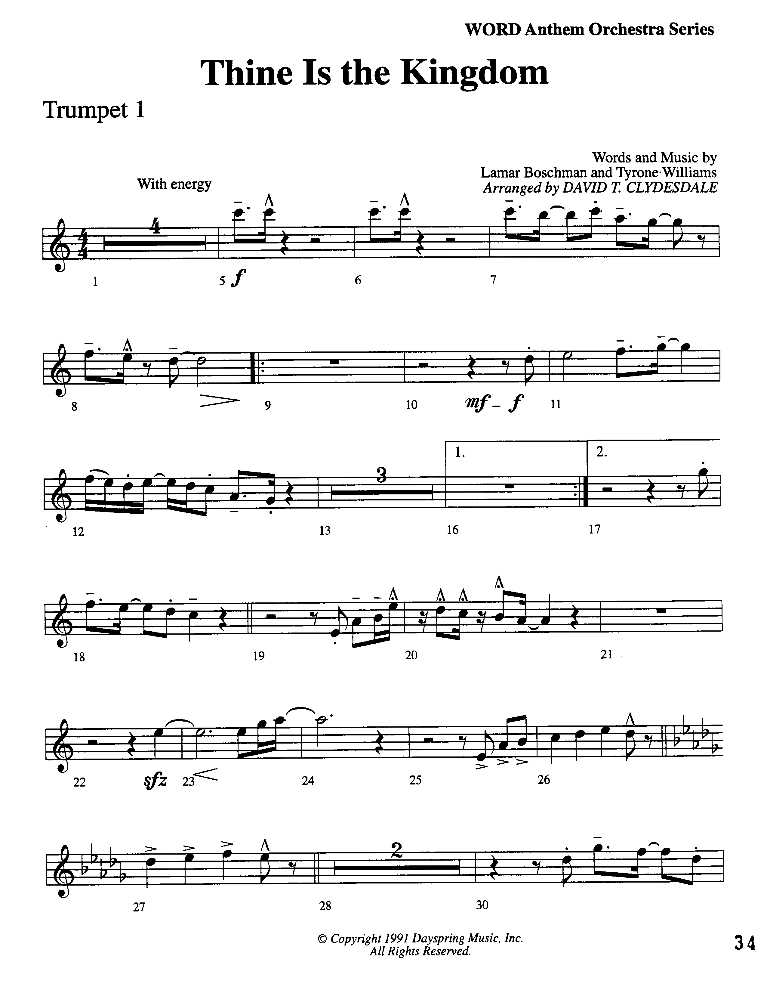 Thine Is The Kingdom (Choral Anthem SATB) Trumpet 1 (Word Music Choral / Arr. David Clydesdale)