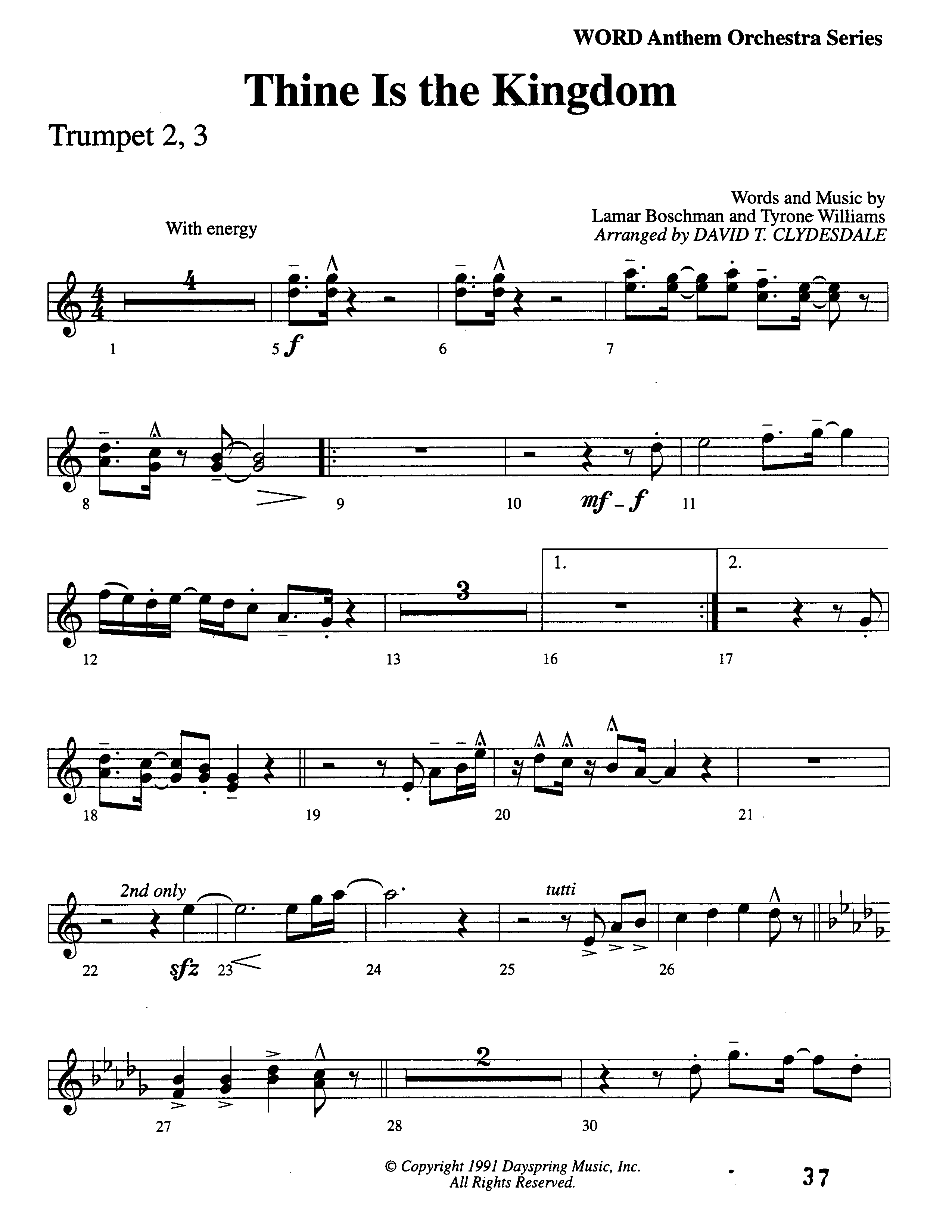Thine Is The Kingdom (Choral Anthem SATB) Trumpet 2/3 (Word Music Choral / Arr. David Clydesdale)