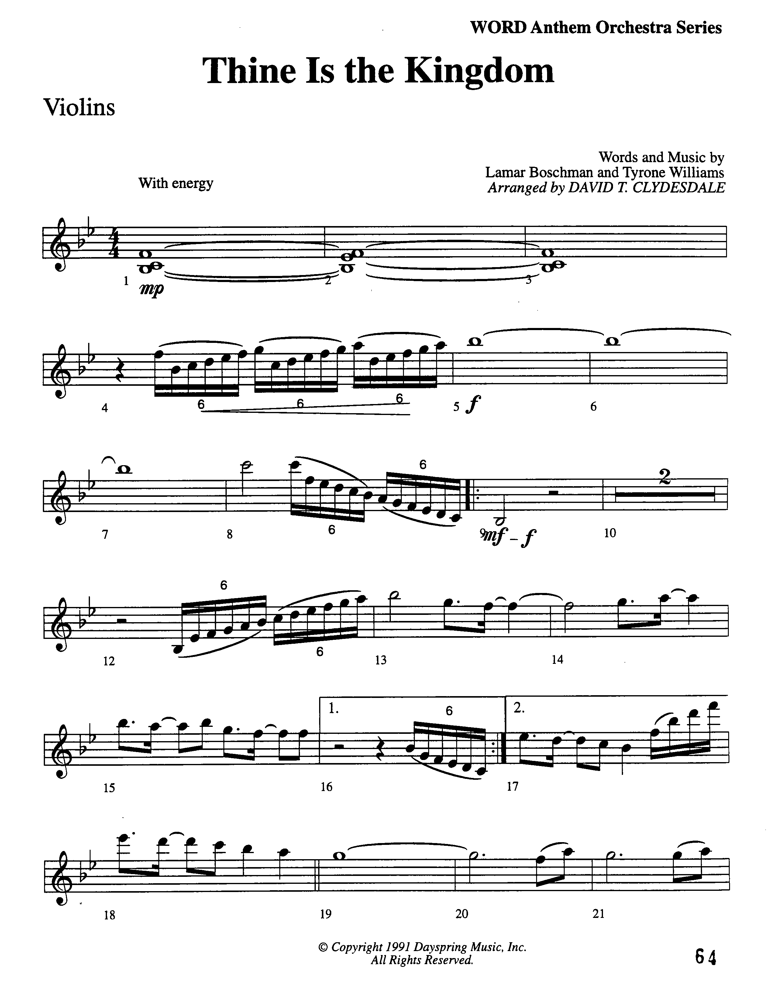 Thine Is The Kingdom (Choral Anthem SATB) Violins (Word Music Choral / Arr. David Clydesdale)