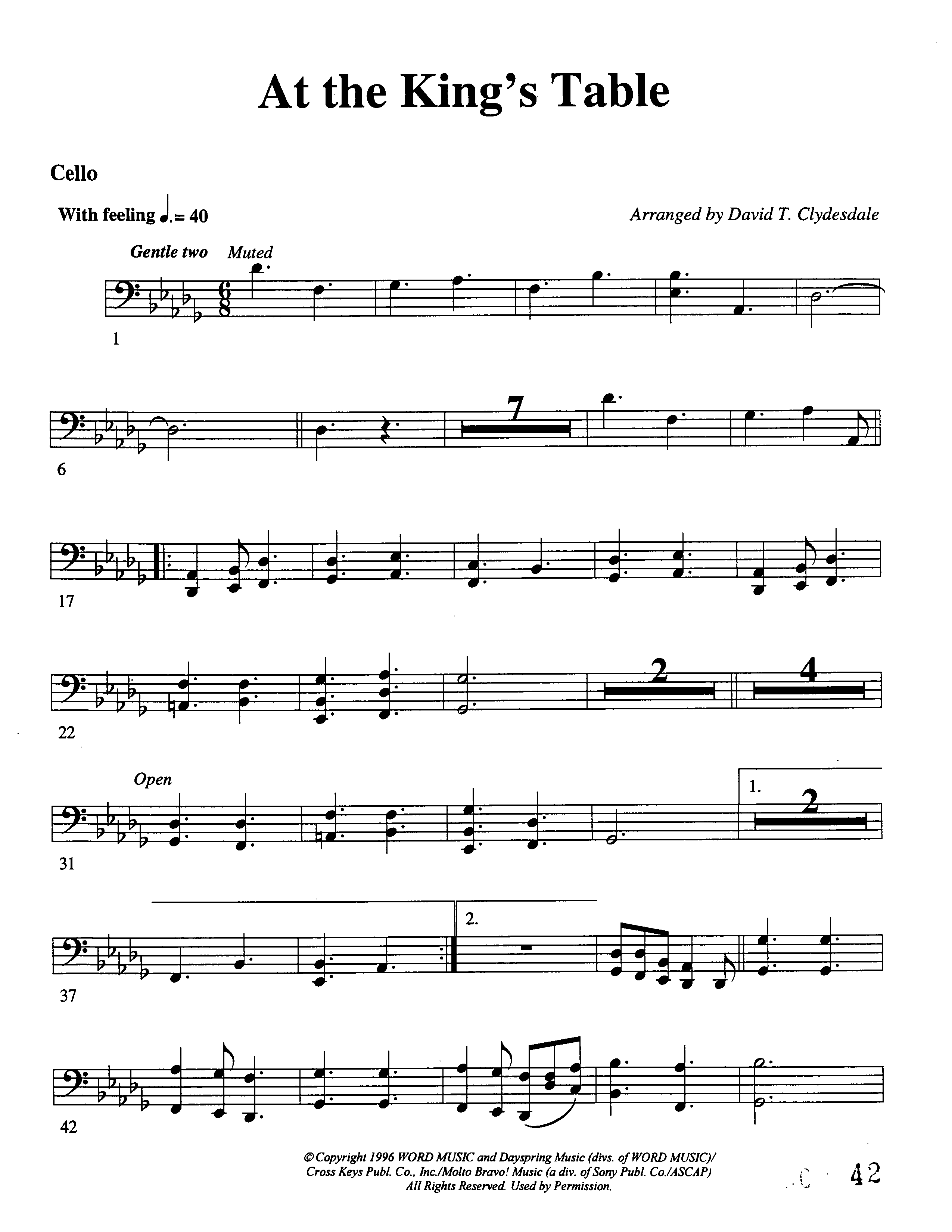 At The King's Table Cello (Word Music Choral / Arr. David Clydesdale)