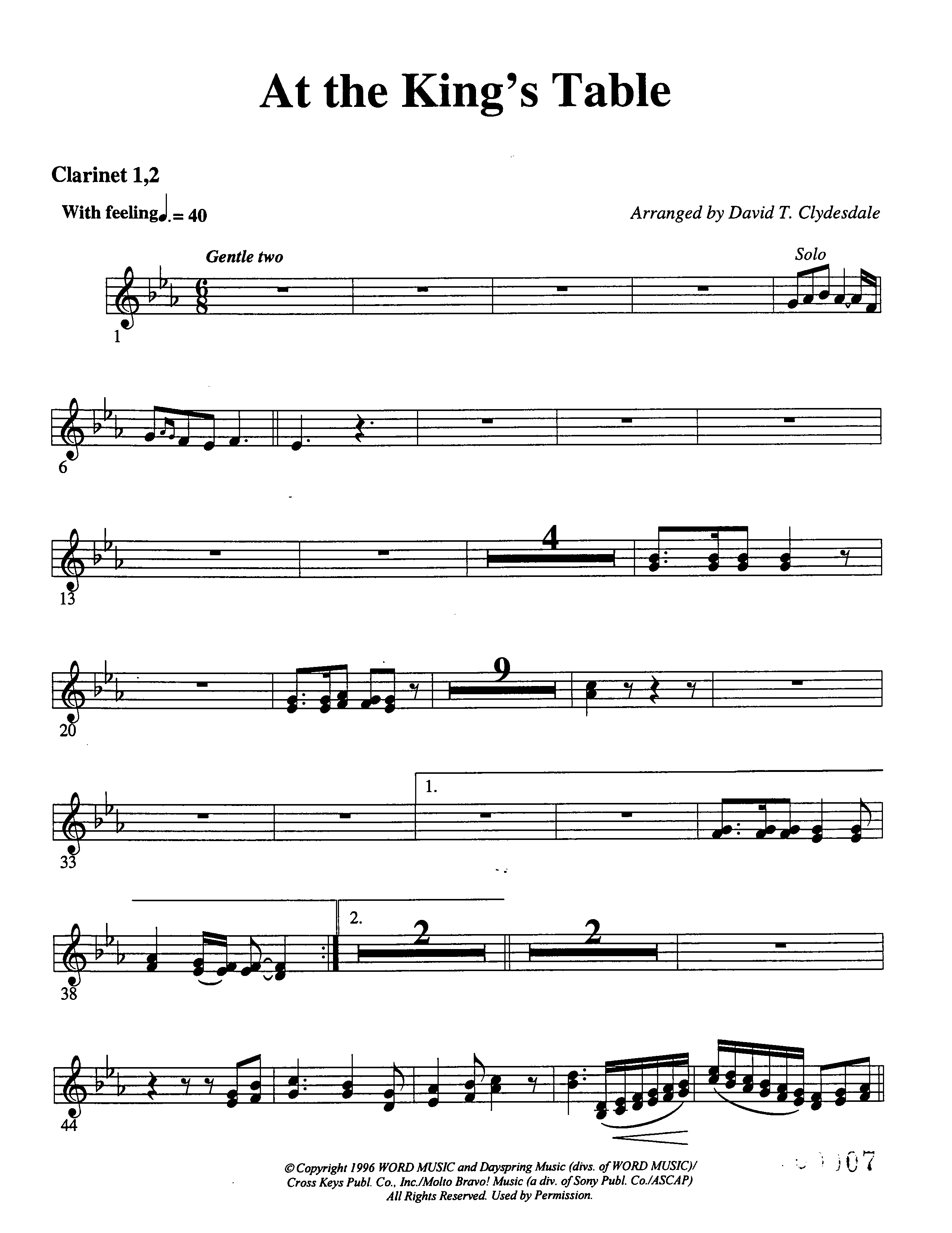 At The King's Table Clarinet 1/2 (Word Music Choral / Arr. David Clydesdale)