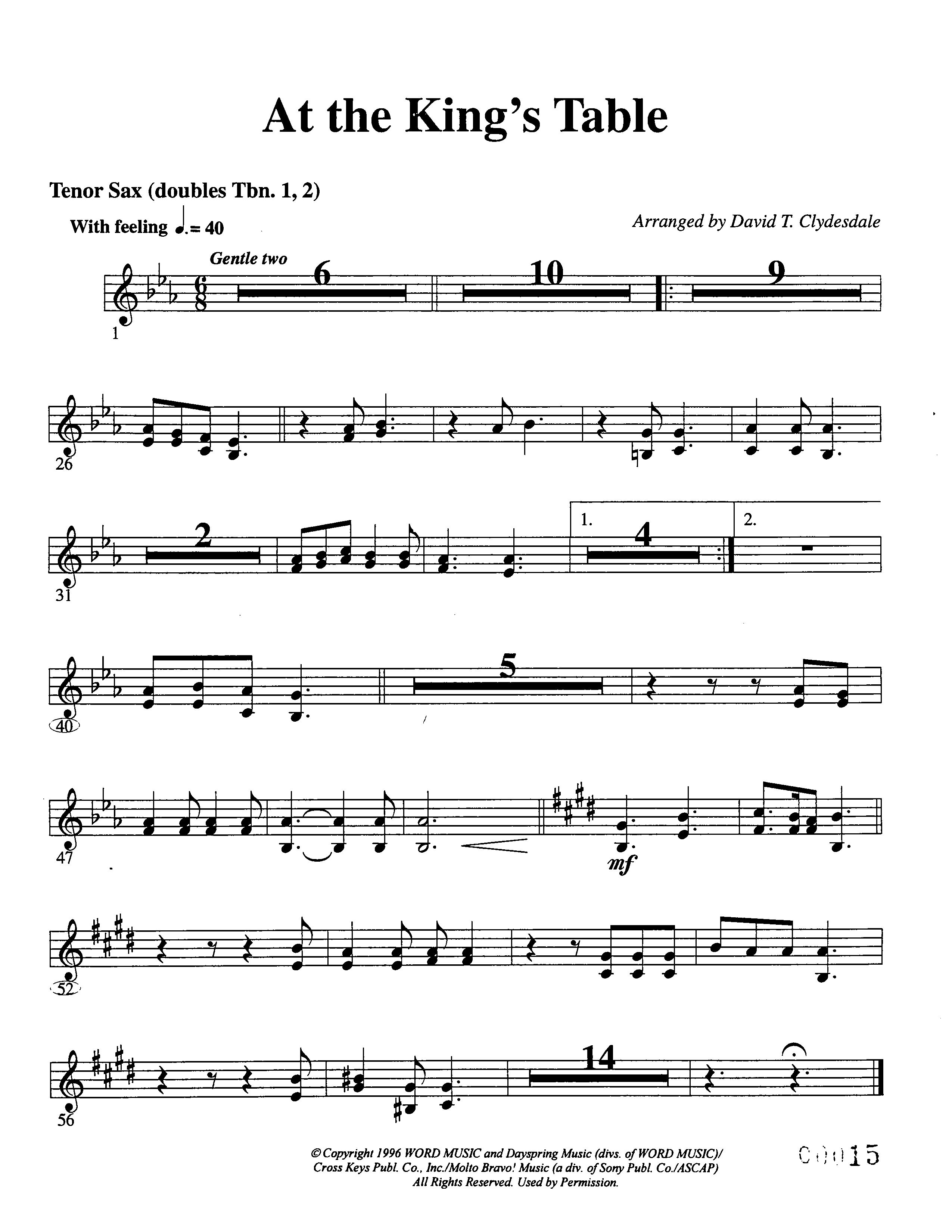 At The King's Table Tenor Sax 1 (Word Music Choral / Arr. David Clydesdale)