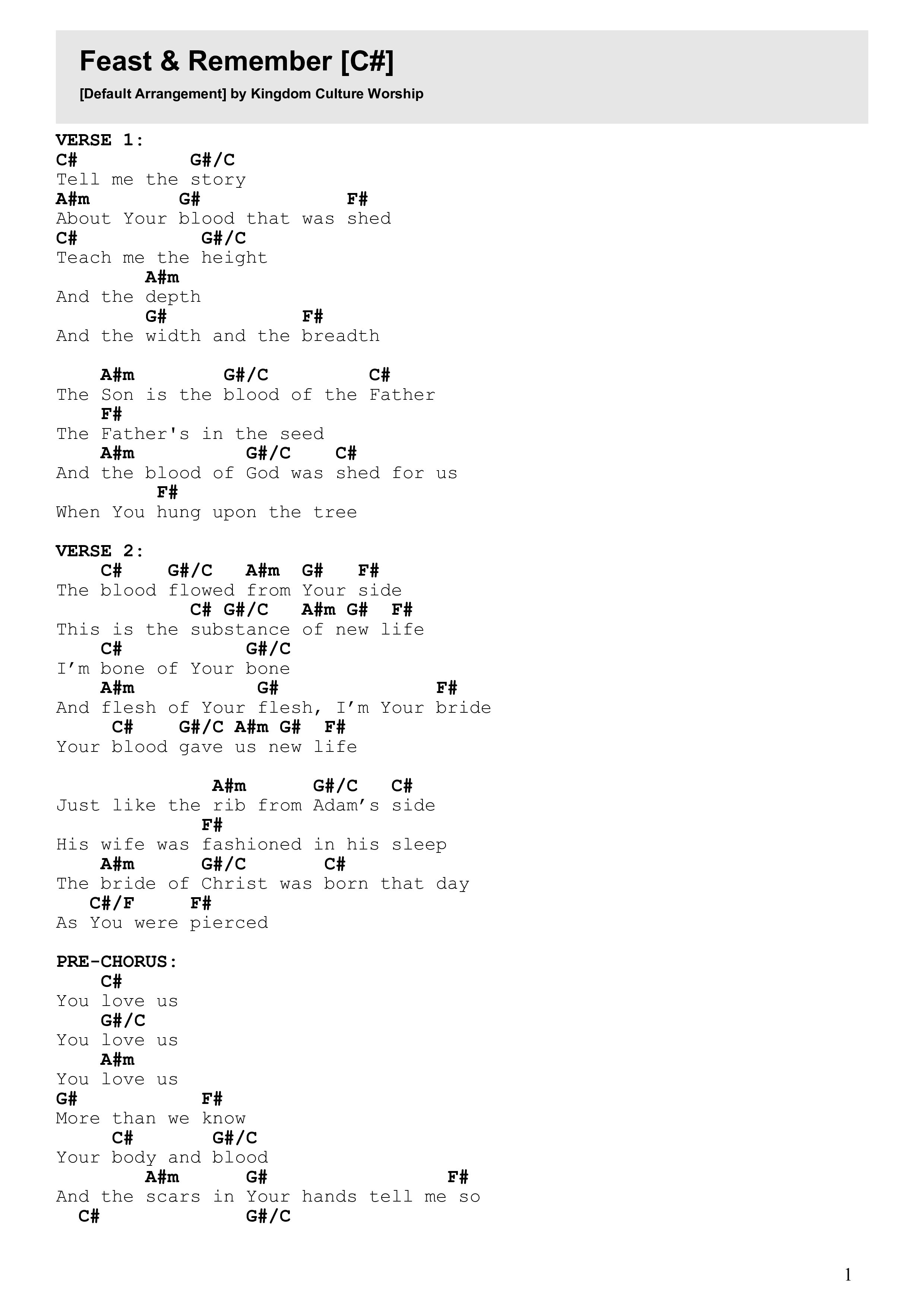 Feast & Remember Chord Chart (Kingdom Culture Worship)