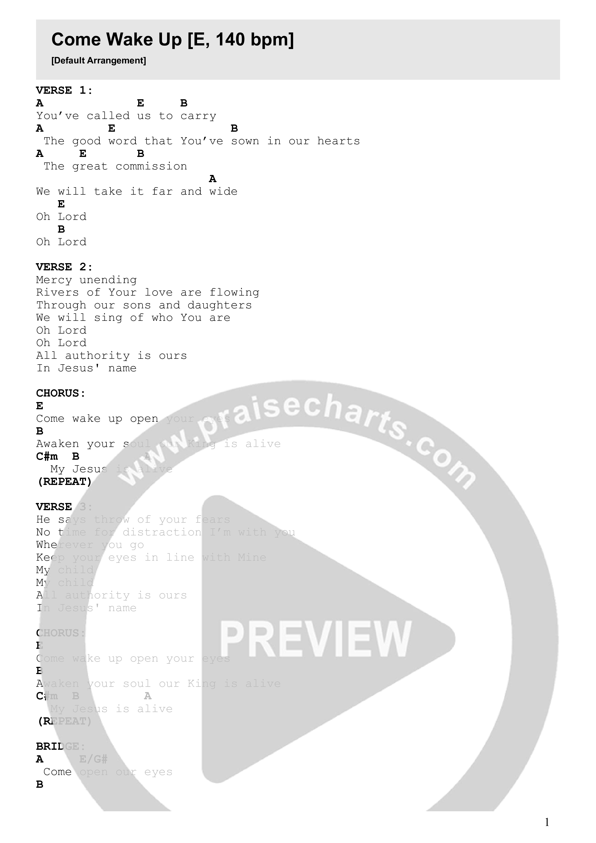 Come Wake Up Chord Chart (Kingdom Culture Worship)