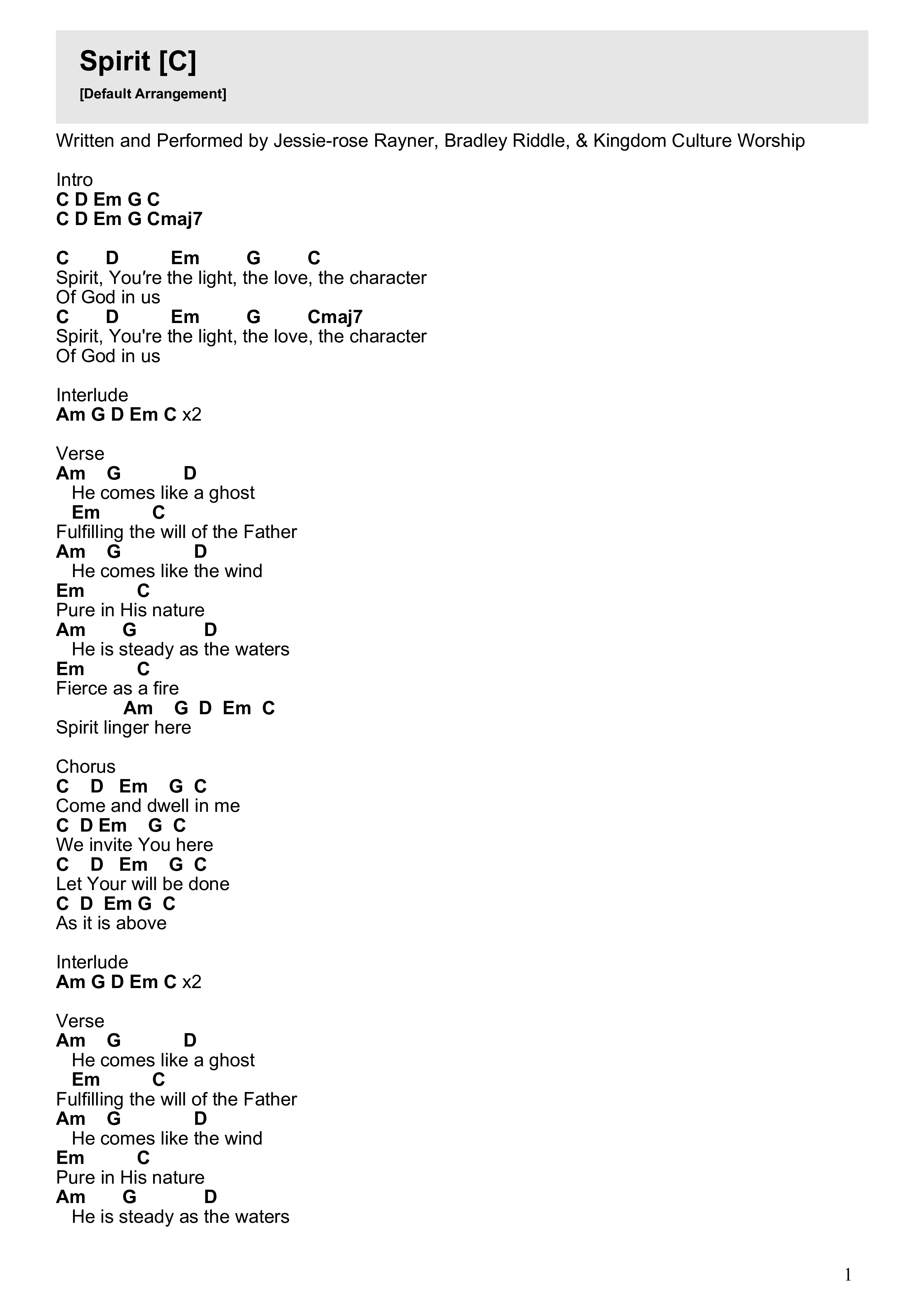 Spirit Chord Chart (Kingdom Culture Worship)