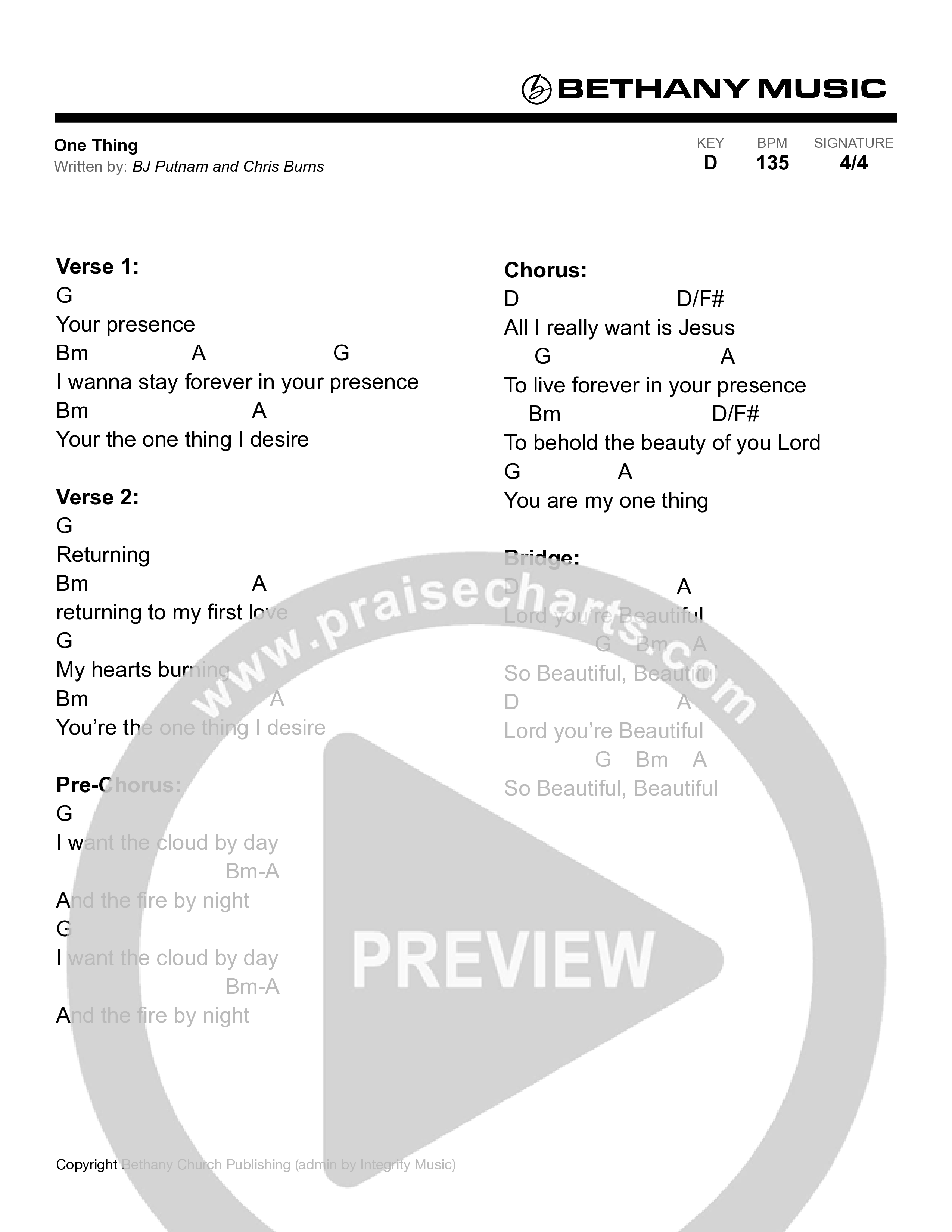 One Thing Chord Chart (Bethany Music)