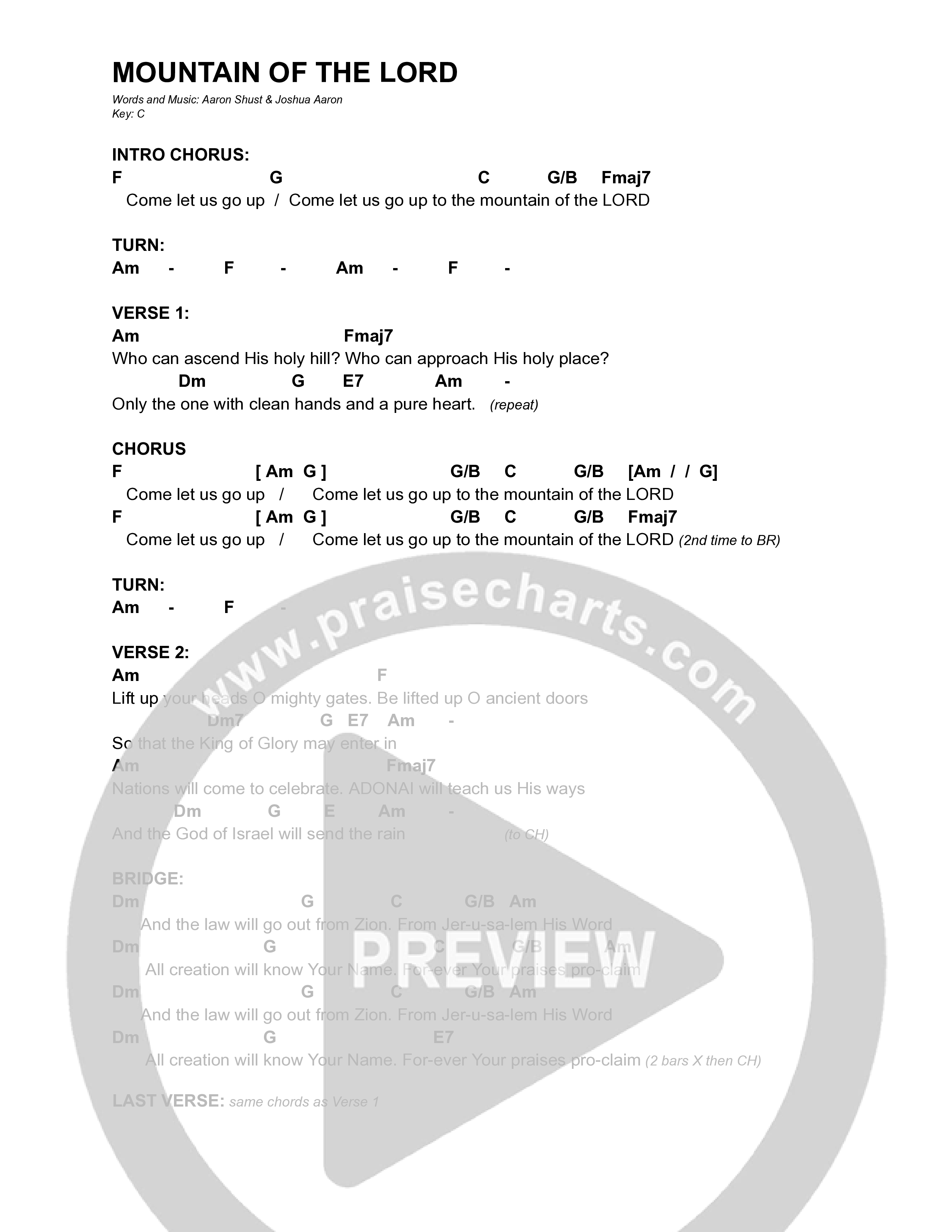 Mountain Of The Lord Chord Chart (Aaron Shust / Joshua Aaron)